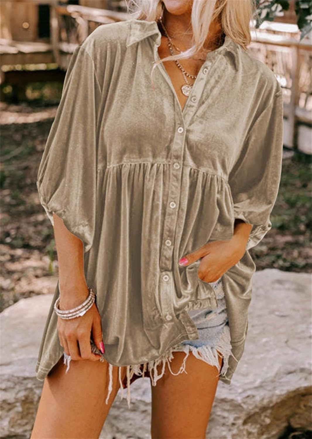 Melliflo Womens Velvet Dress Button Down T Shirt 3/4 Sleeve Tunic Tops Casual Lapel Babydoll Mini Dress - Image 4