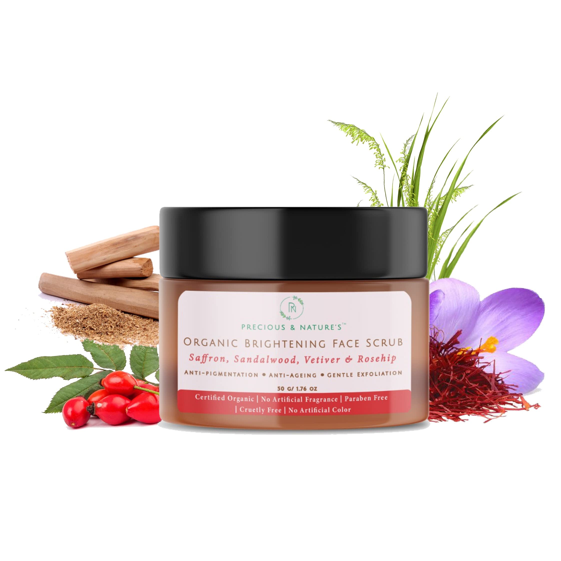 Precious Nature Certified Organic Saffron, Sandalwood, Vetiver & Rosehip Brightening & Anti-Ageing Face Scrub , Enriched with essential oils
