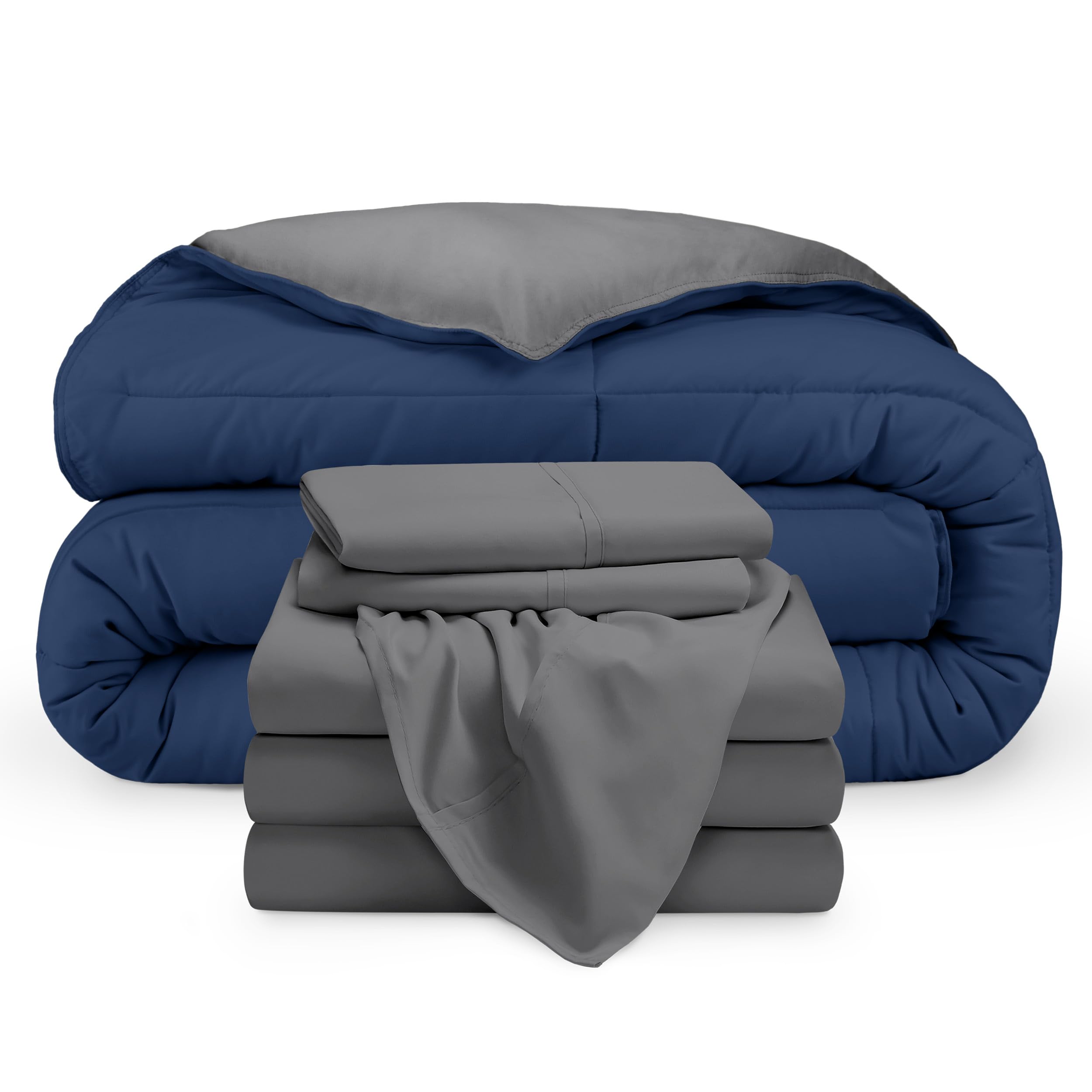 Bare Home Reversible Bed-in-A-Bag Comforter & Sheet Set - Split Queen - Down Alternative - Soft - Bedding Set (Split Queen, Dark Blue/Grey, Light Grey)