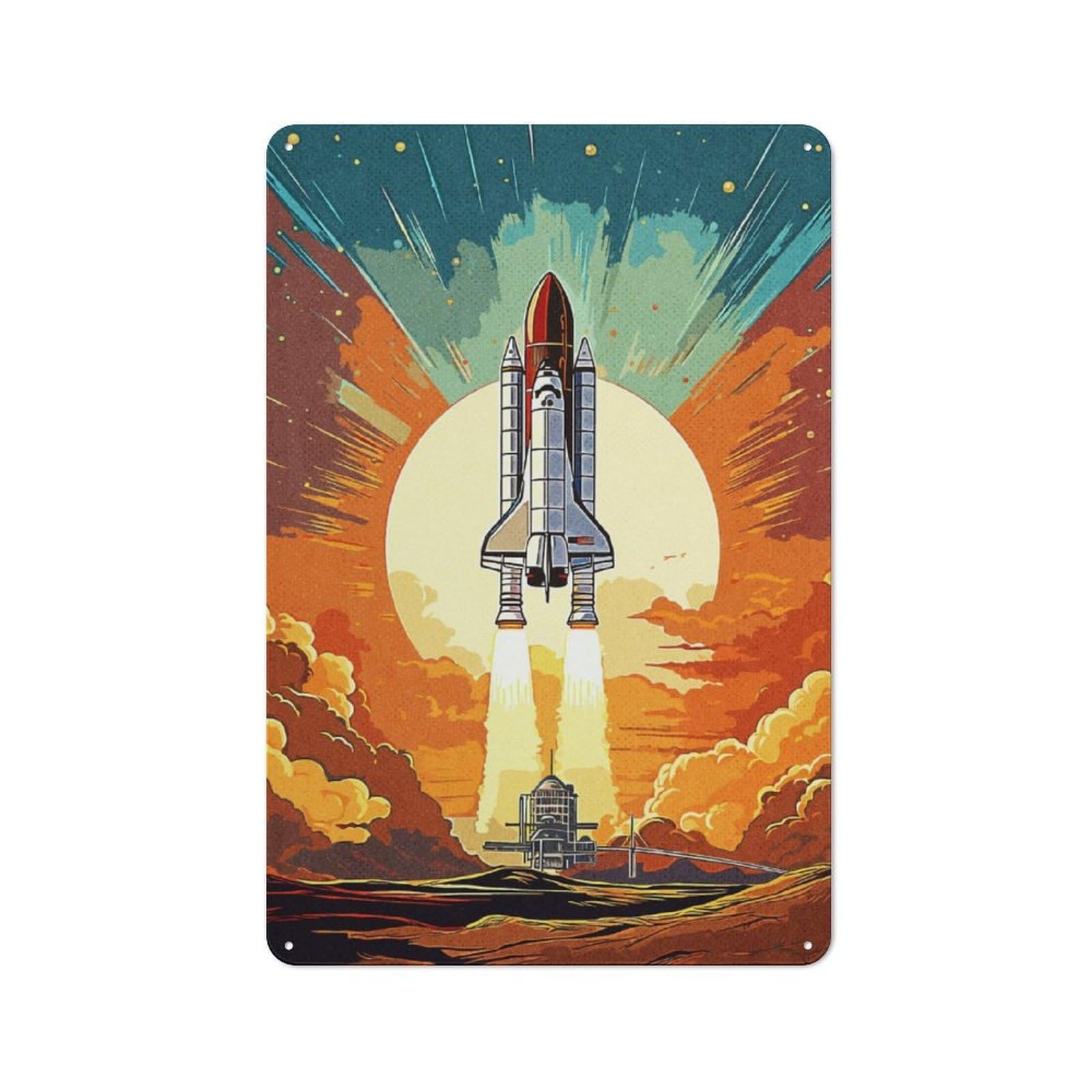Junmoney Rocket Go Space Retro Printed Metal Sign 30X20cm For Living Room Wall, Wall Decor For People Reorganising Living Room