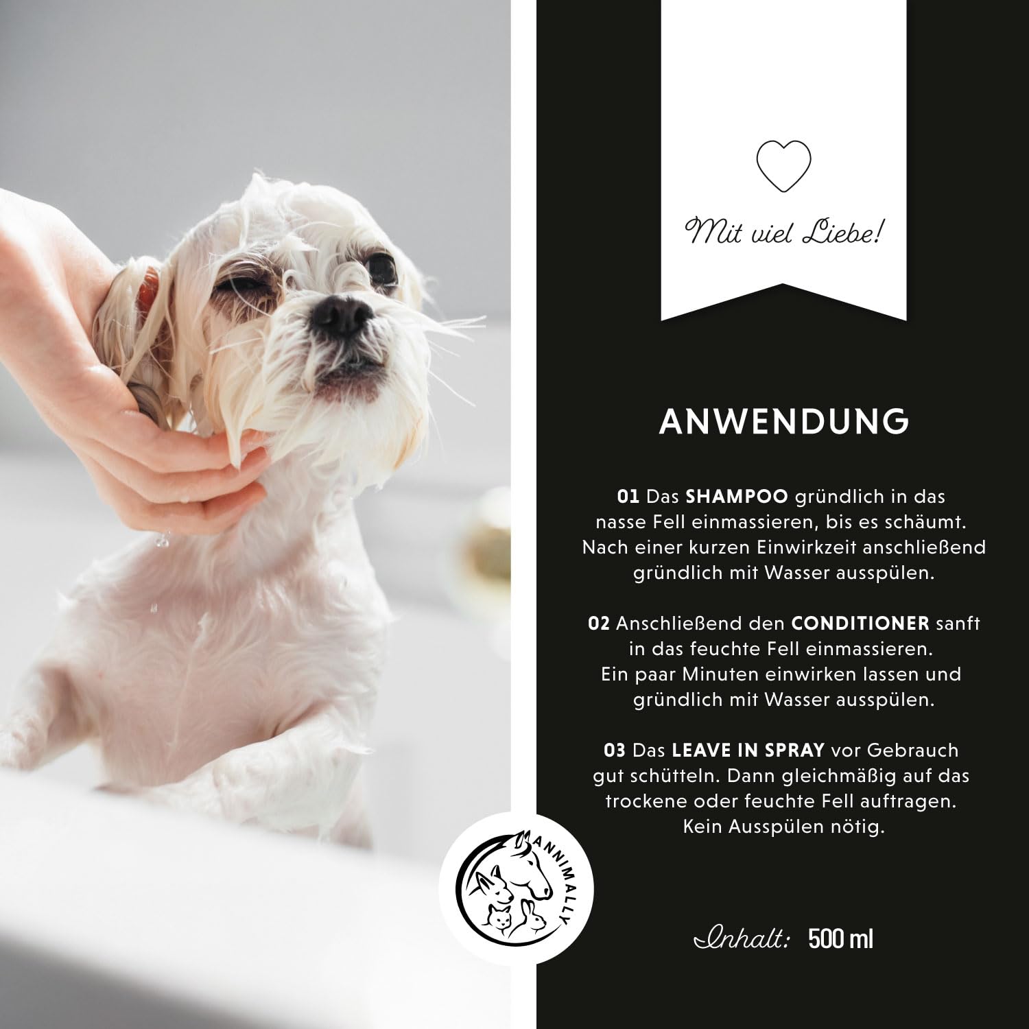Annimally White Plus Pflegeset - Natürliches Hundeshampoo, Conditioner & Leave-In Spray mit Anti-Gelb-Effekt für weißes Fell, ph-neutrale Fleckenentfernung & Glanz ohne Bleichmittel - je 500 ml