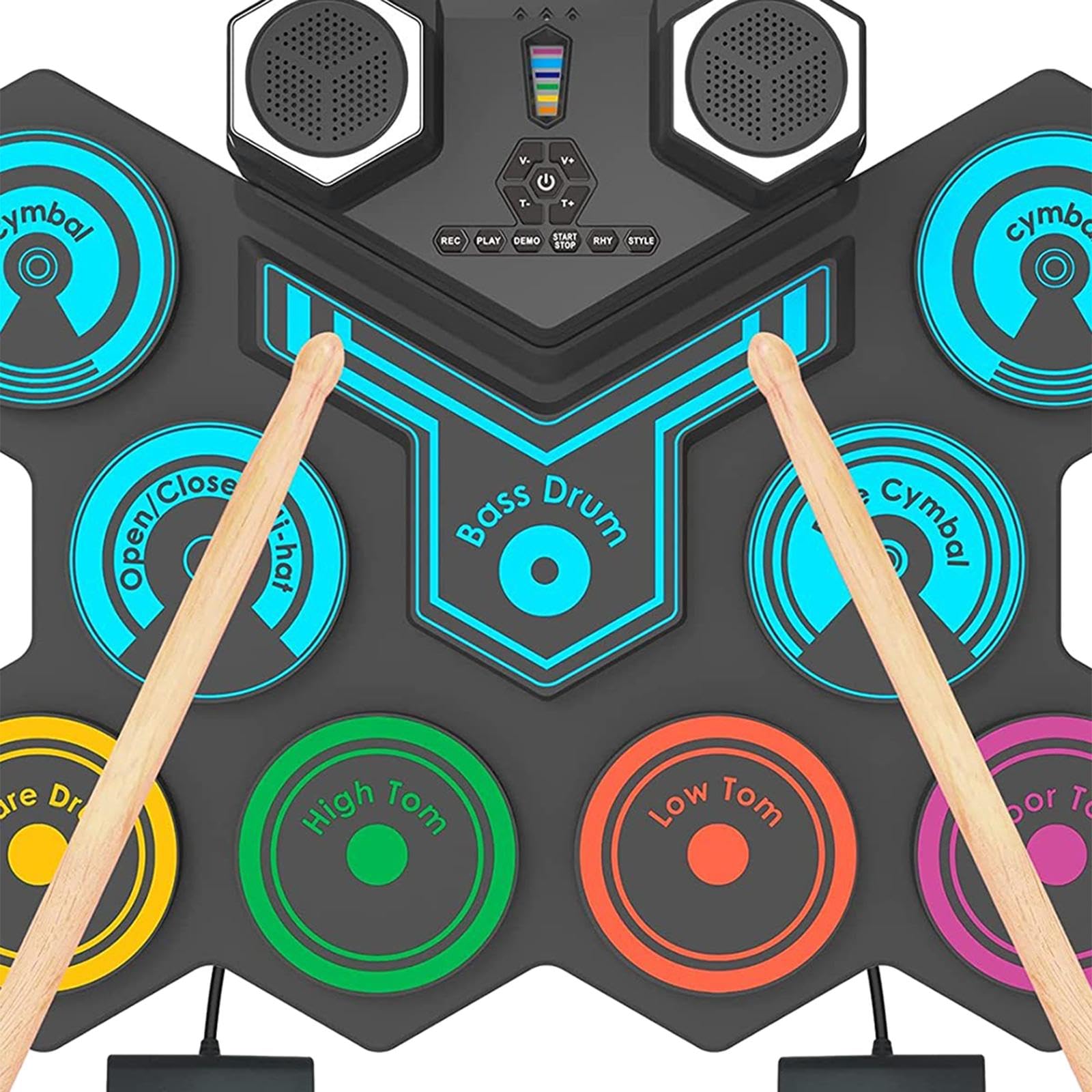 Batería Electrónica Portátil Enrollable con Multi Pads Set de Batería para Mesa Instrumento Musical Silencioso con Altavoces Y Pedales Incluidos, Vistoso