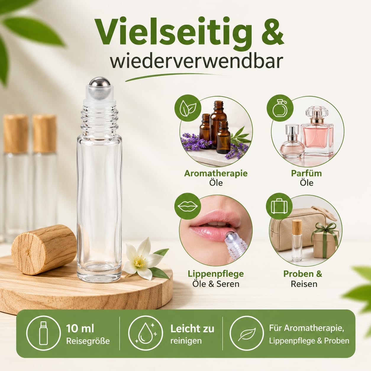 CYEER 24 Piezas Frascos Roll-On Vacíos 10ml, Frascos de Vidrio Transparente para Aceites Esenciales, Spa, Masaje, Aromaterapia