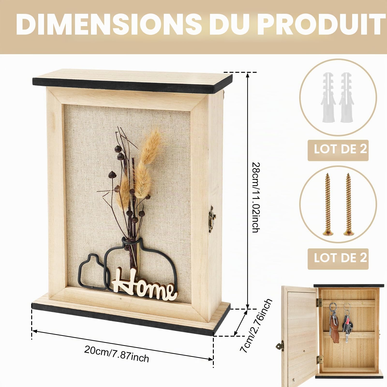 Boîte à clés en bois Toaboa avec 6 crochets à clés, fleurs séchées, rangement mural pour clés, support mural vintage pour entrées, salons, salles de bains et couloirs
