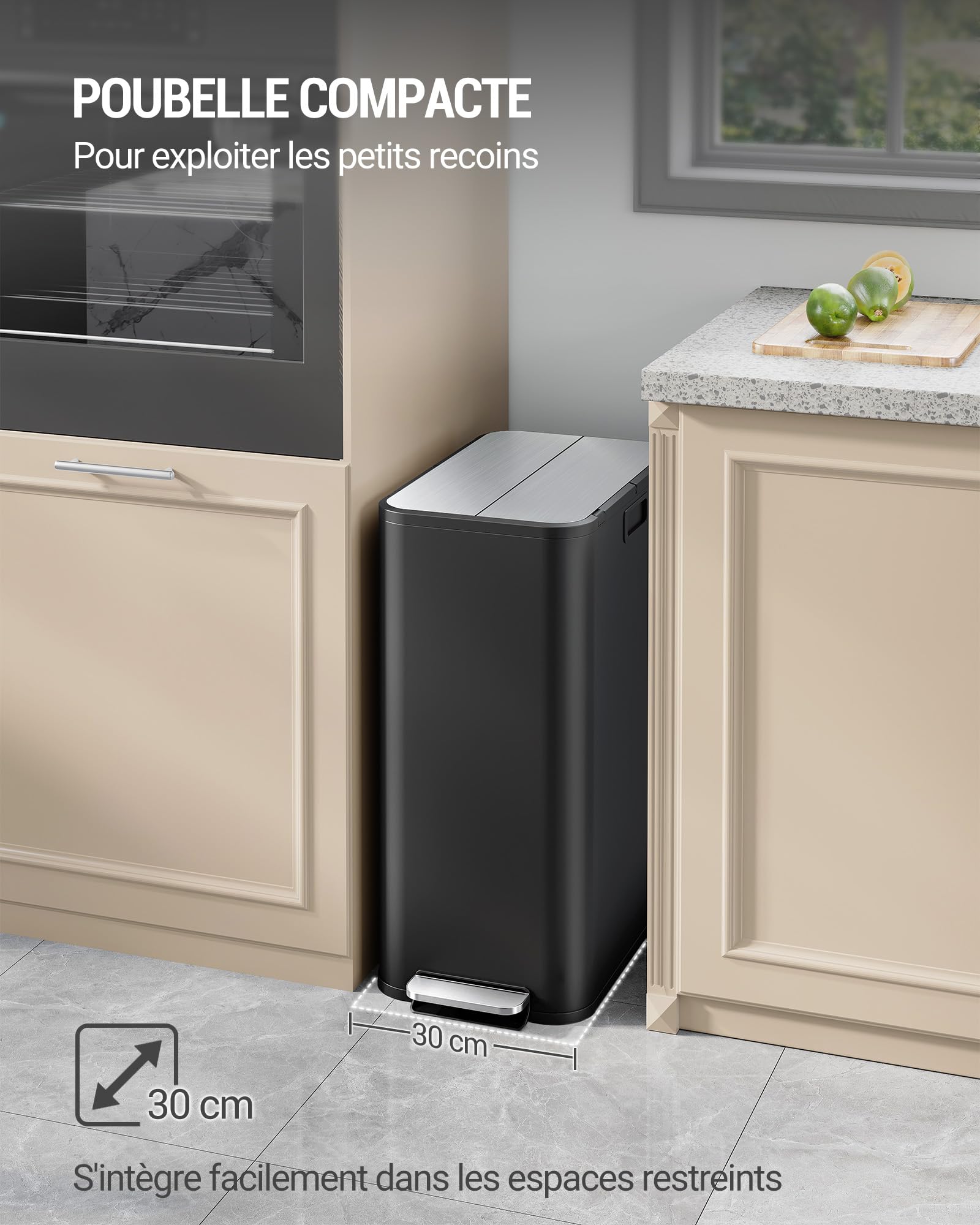 Hzuaneri Poubelle de Cuisine, Poubelle Double Compartiment Étroite de 2 x 28 Litres, Système de tri des Déchets de Cuisine, Livrée avec 15 sacs Poubelle adaptés, Noir SW22899B