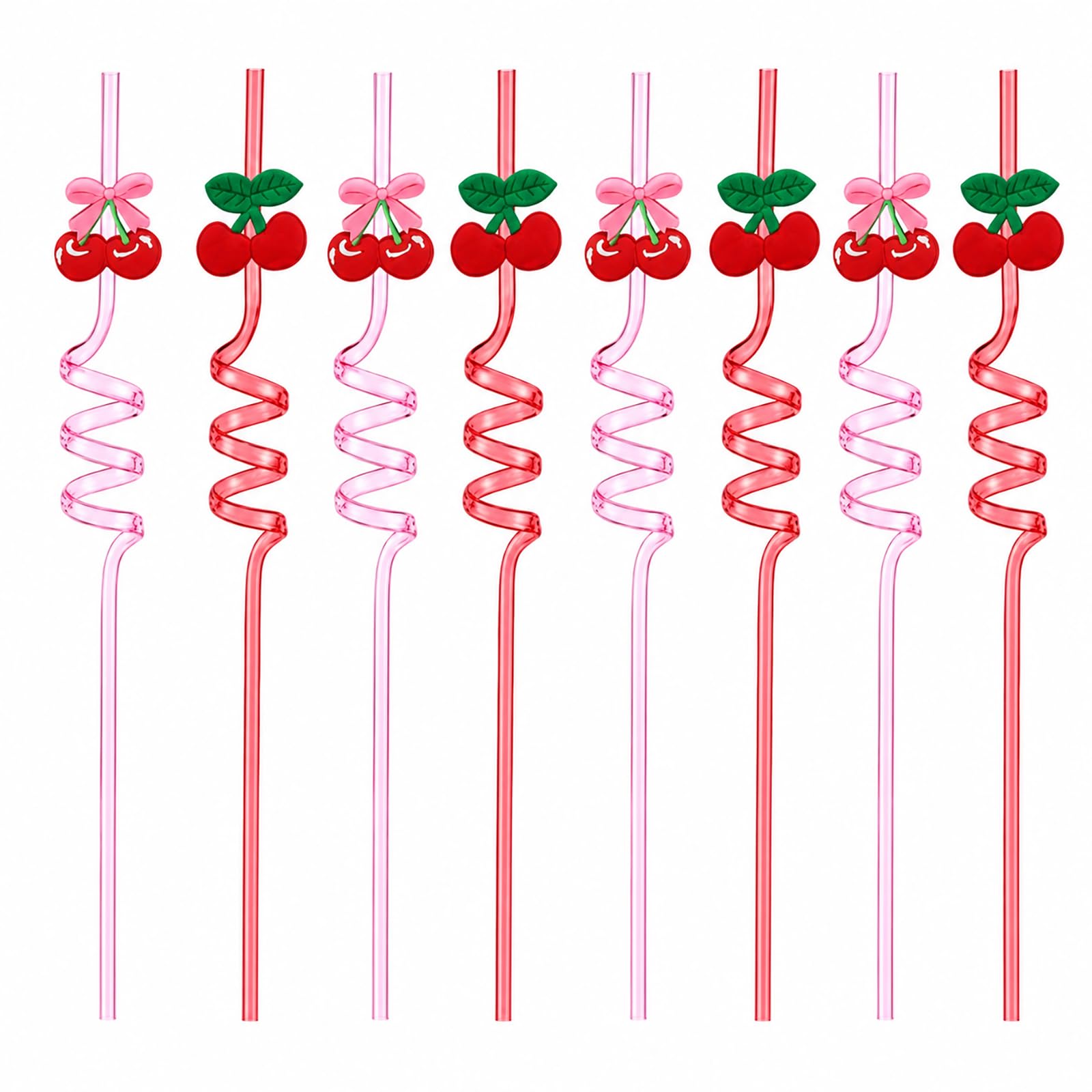 Nurila 8 Stück Strohhalme Plastik Kirsche, Trinkhalme Wiederverwendbar | Plastik Strohhalme Spiralform für Cocktail Party Getränke Geburtstag Hochzeit (Rot Rosa)