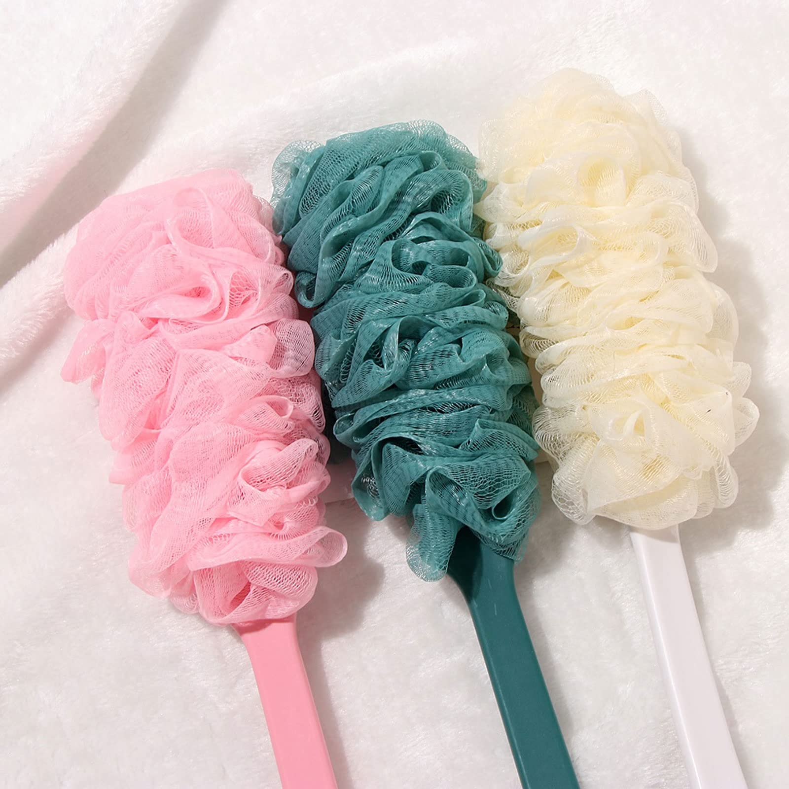1 Cepillo de Malla Suave con Mango Largo para la Espalda, Esponja Exfoliante, Limpiador de lufa Colgante, Suministros de baño para Ducha y baño Corporal (Rosa)