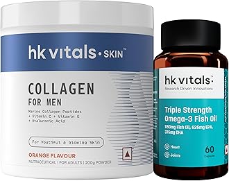hk vitals Marine Collagen for Men Supplement (Orange, 200g) with Triple Strength Omega-3 Fish Oil Supplement (60 Capsules) | Vitamin C, E, Sodium Hyaluronate | For Youthful & Glowing Skin