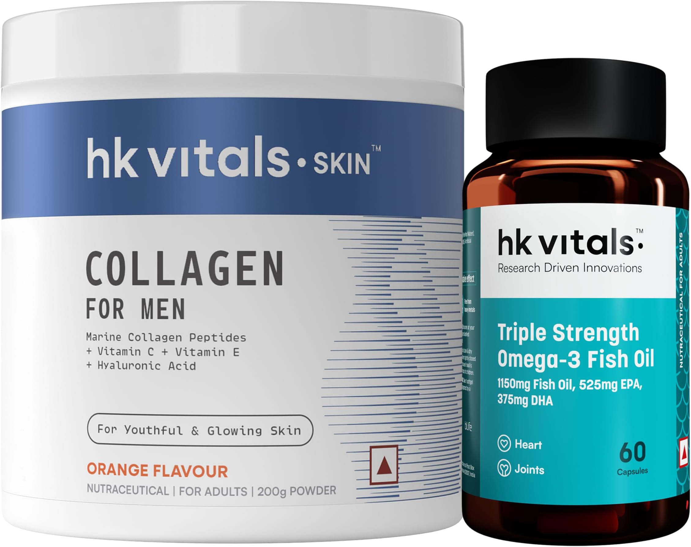 Marine Collagen for Men Supplement (Orange, 200g) with Triple Strength Omega-3 Fish Oil Supplement (60 Capsules) | Vitamin C, E, Sodium Hyaluronate | For Youthful & Glowing Skin