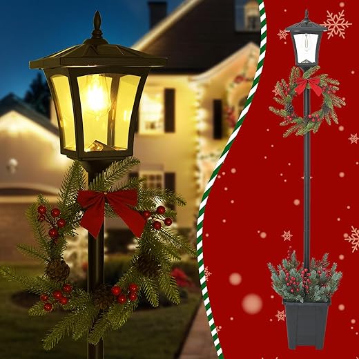 59" Christmas Solar Lamp Post with Planter,Outdoor Decorative Light Post, Waterproof Garden Light with Holiday Wreath