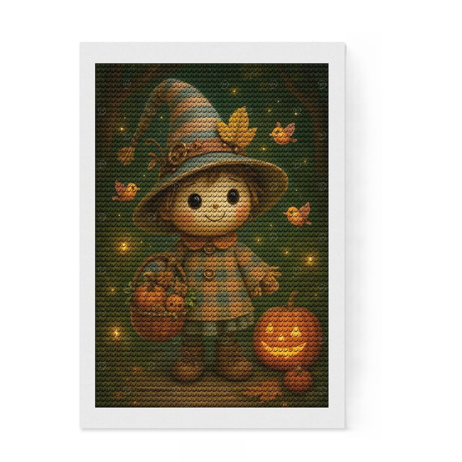 Junmoney Autumn Witch Doll Pumpkins Diamond Painting Kit 8"x12", Neat Printed Canvas, Sparkling Round Gems, Fun Craft Experience, Office Decor