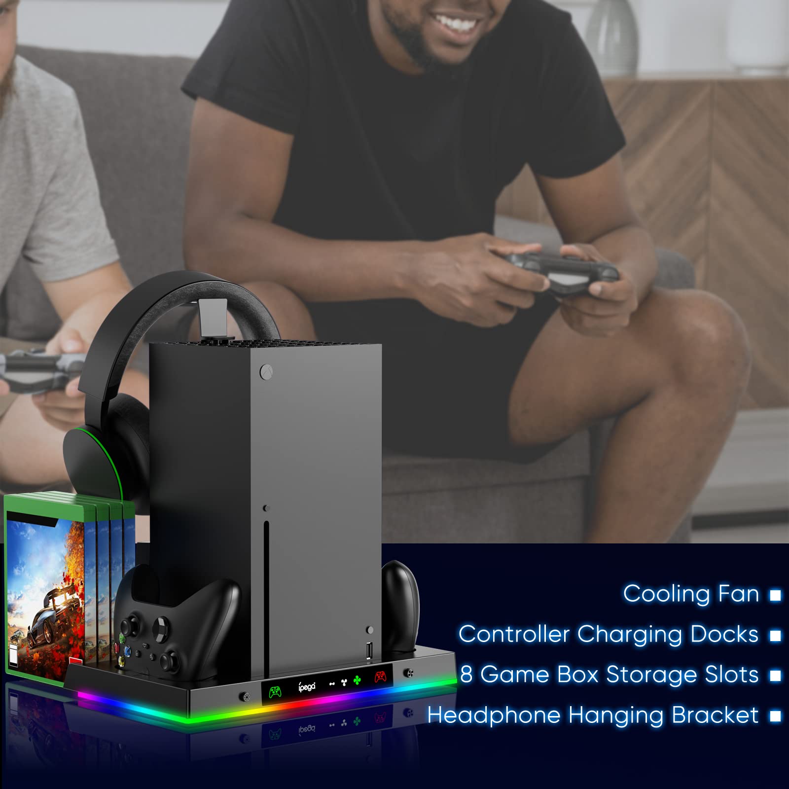 FYOUNG Supporto per ventola di raffreddamento aggiornato e doppio dock di ricarica per console e controller Xbox Series X, accessori XSX con 15 luci RGB, sistema di raffreddamento e caricabatterie con