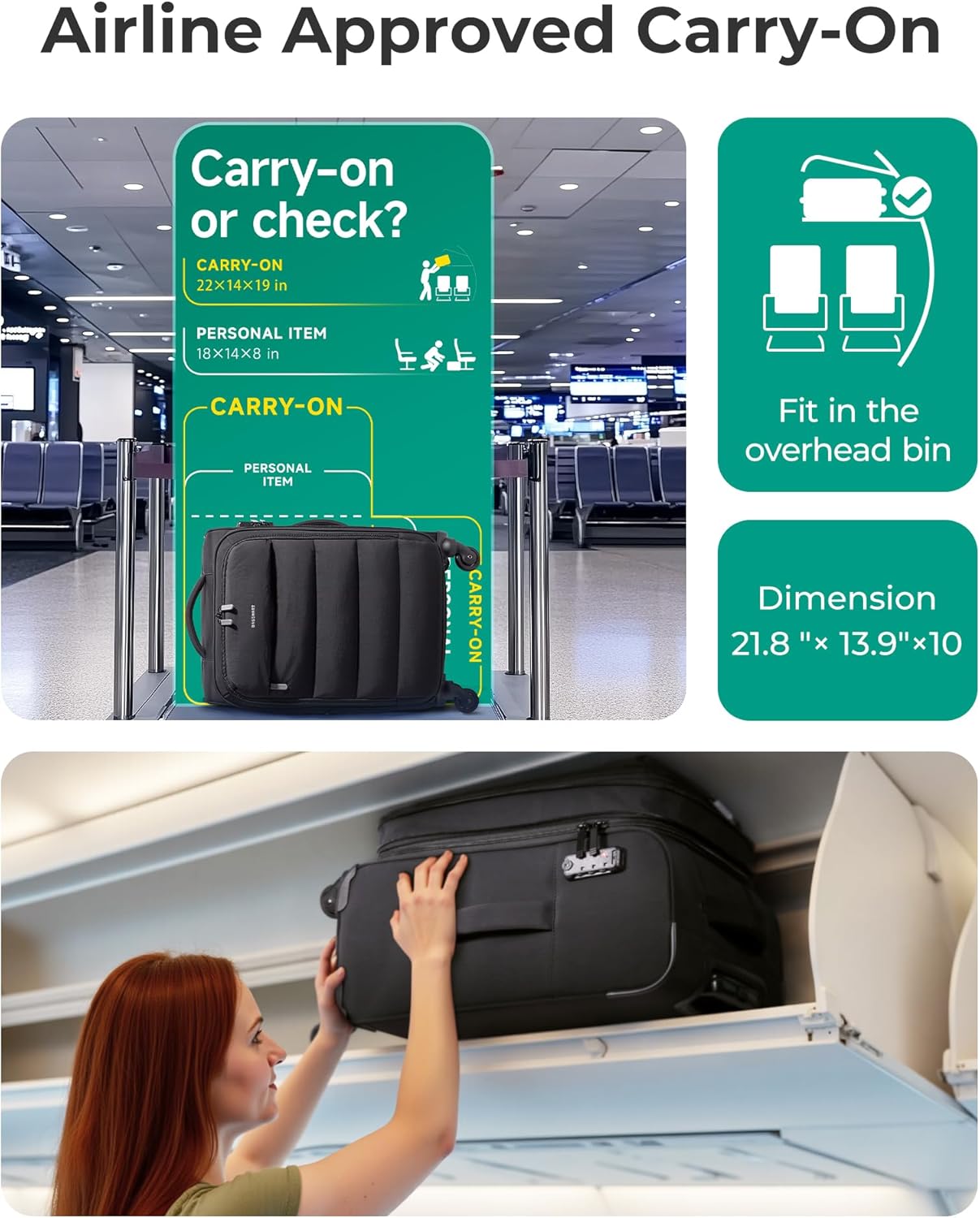 BAGSMART Carry On Luggage 22x14x9 Airline Approved, 20 Inch Soft Suitcase with Wheels, Lightweight Spinner Carry on Suitcase with PVC Wet/Dry Pockets for Short Trip, Black