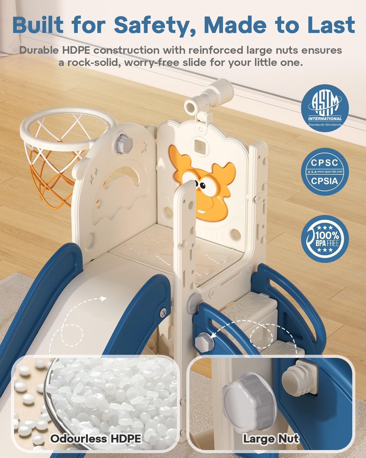 BIERUM Toddler Slide for Kids,6-in-1 Indoor Outdoor Toddler Slides Playground with Basketball Hoop, Golf Game & Telescope, L-Shaped Baby Slide Climber Playset, Blue&Yellow