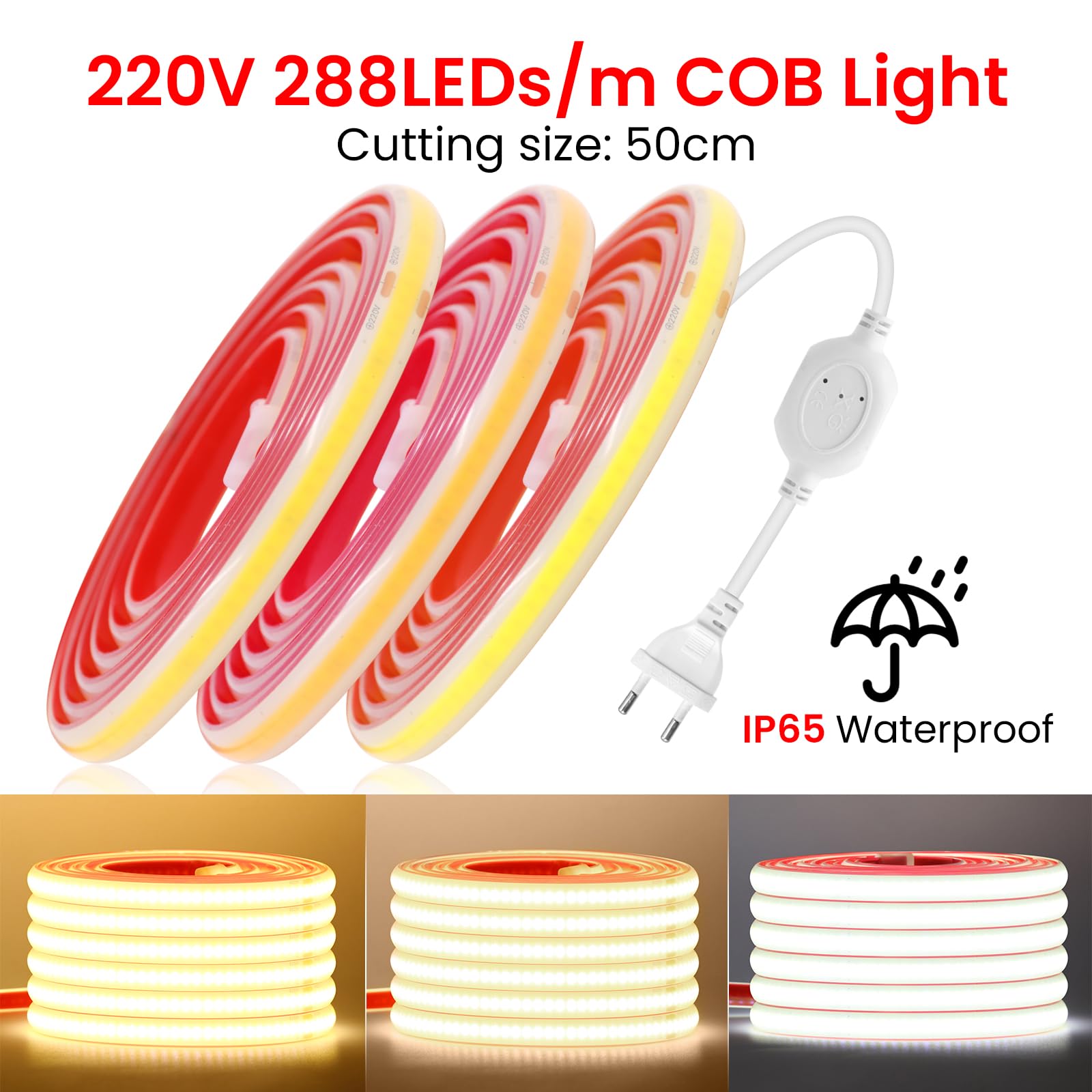 220V COB Tira LED[3M,Blanco Natural 4000-4500K],288 LEDs/m Cortable Silicona FCOB LED Rope Light CRI90+,Estanco Flexible,Navidad,Fiesta,Boda,Halloween Hogar/Tienda Decoración Iluminación