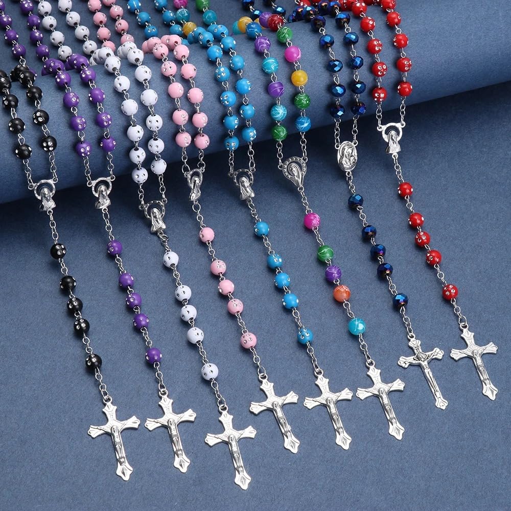 Accesorios 925 Collar de Rosario religioso de Plata esterlina para Mujeres y Hombres - 1pc Cross Cross Rosary Beads Pendants Collar de Cuentas de Cristal Redondo religioso, Virgen María Jesús Costa