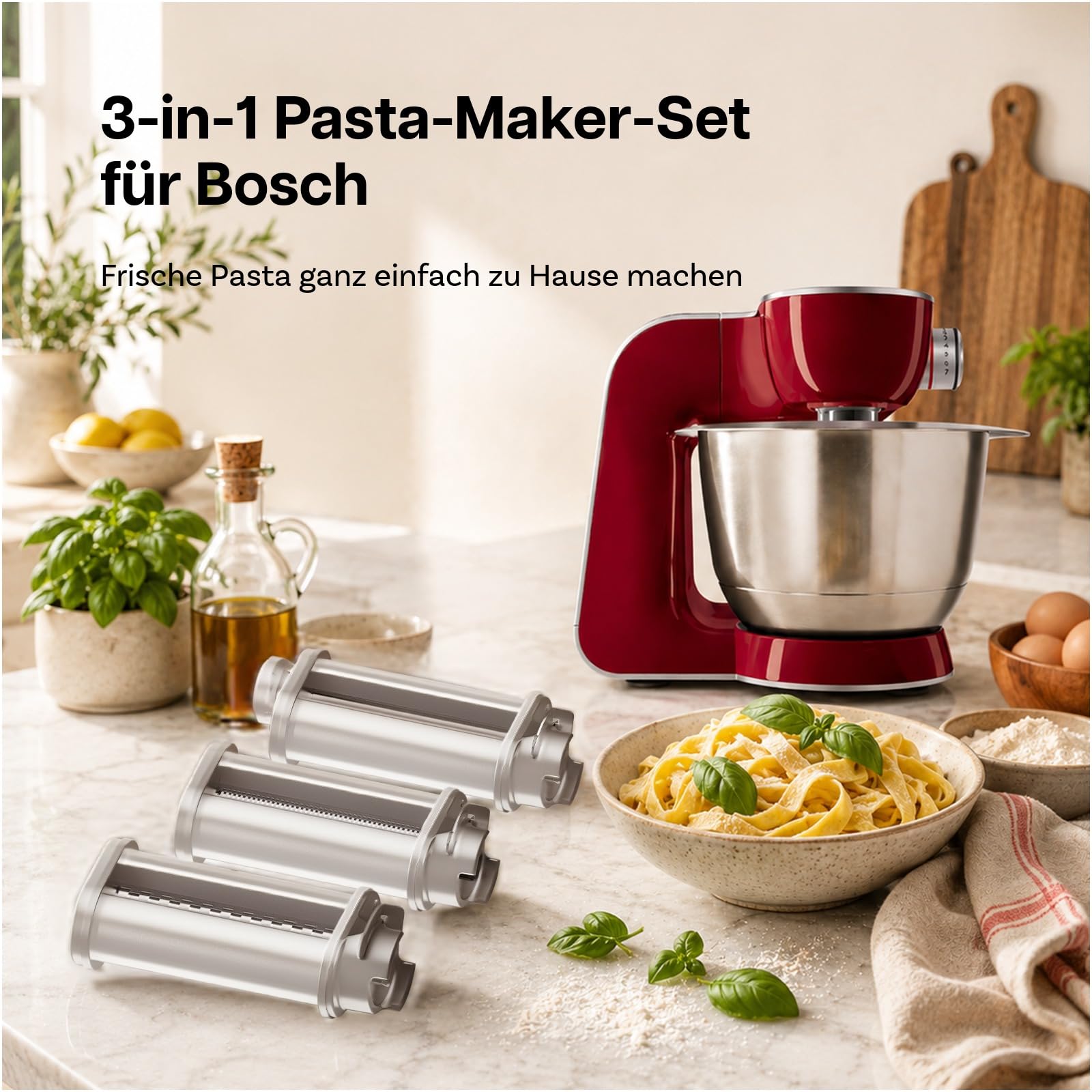 Nudelaufsatz für Bosch MUM4 & MUM5 Küchenmaschine 3-teilig – Pasta Roller, Spaghettischneider & Fettuccineschneider – 8 Einstellbare Dicken – Küchenmaschinen Zubehör für Bosch von MMOBIEL