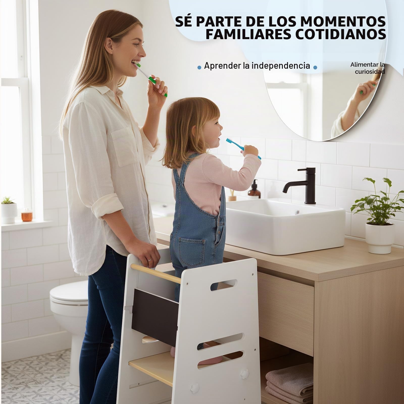 Labebe Torre de Aprendizaje para Niños Desde 1 Año, Learning Tower 3 en 1 con Pizarra y Asiento, Torre de Aprendizaje Ajustable en 3 Alturas, Ayudante de Cocina Seguro de Madera