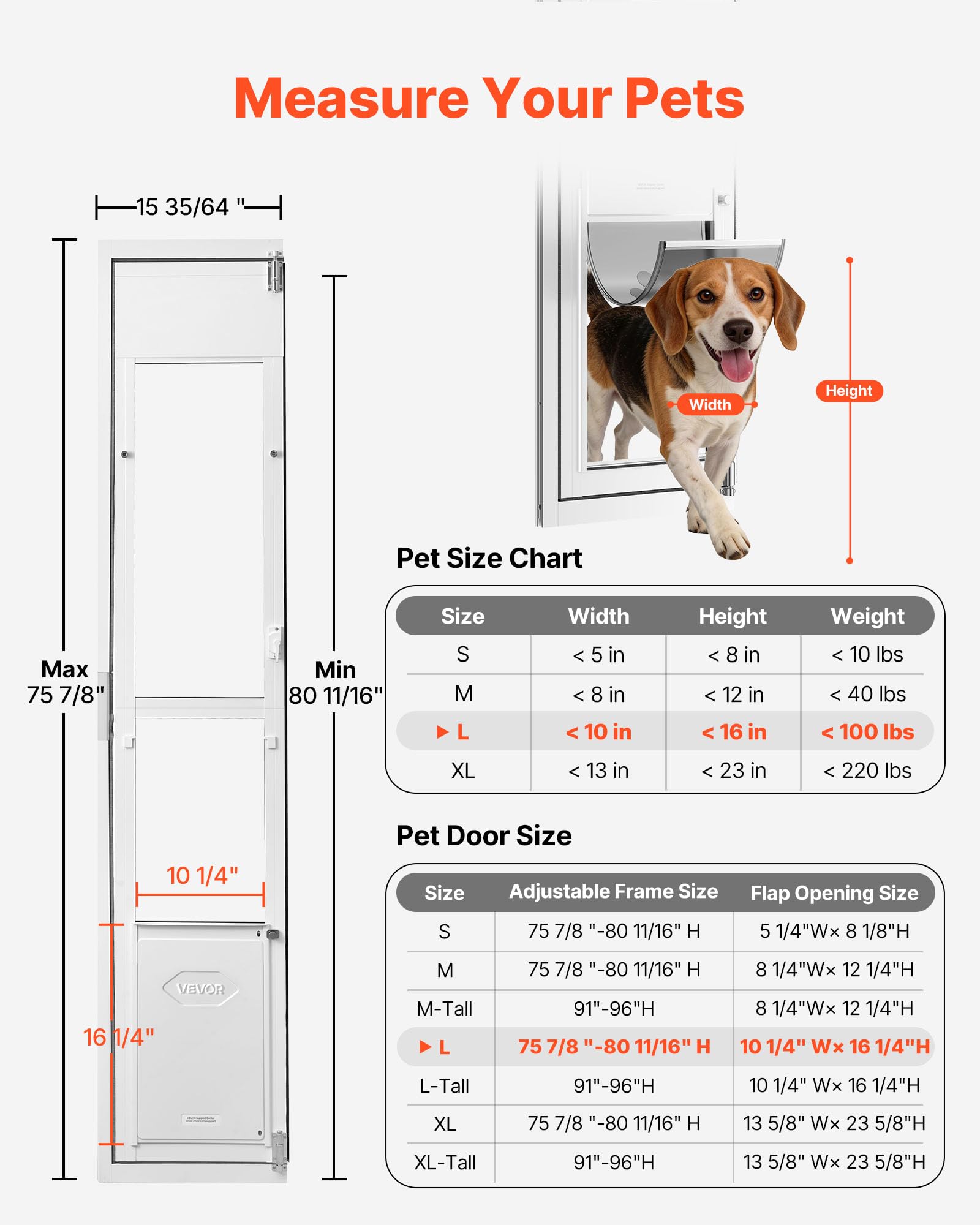 VEVOR Puerta Batiente de Vidrio con Entrada para Perros, Puerta para Mascota 26 x 41,3 cm, Marco de Aleación de Aluminio, Instalación sin taladrar, Compatible con Perros Grandes Gatos, Color Blanco