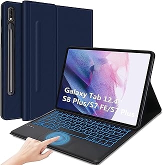 Keyboard Case for Galaxy Tab S8 Plus 12.4"- Smart Trackpad - 7 Colors Backlight- Magnetic Detachable Keyboard with S Pen Holder- Protective Stand Cover for Tab S7 FE 2021 & S8 Plus 2022 - Drak Blue