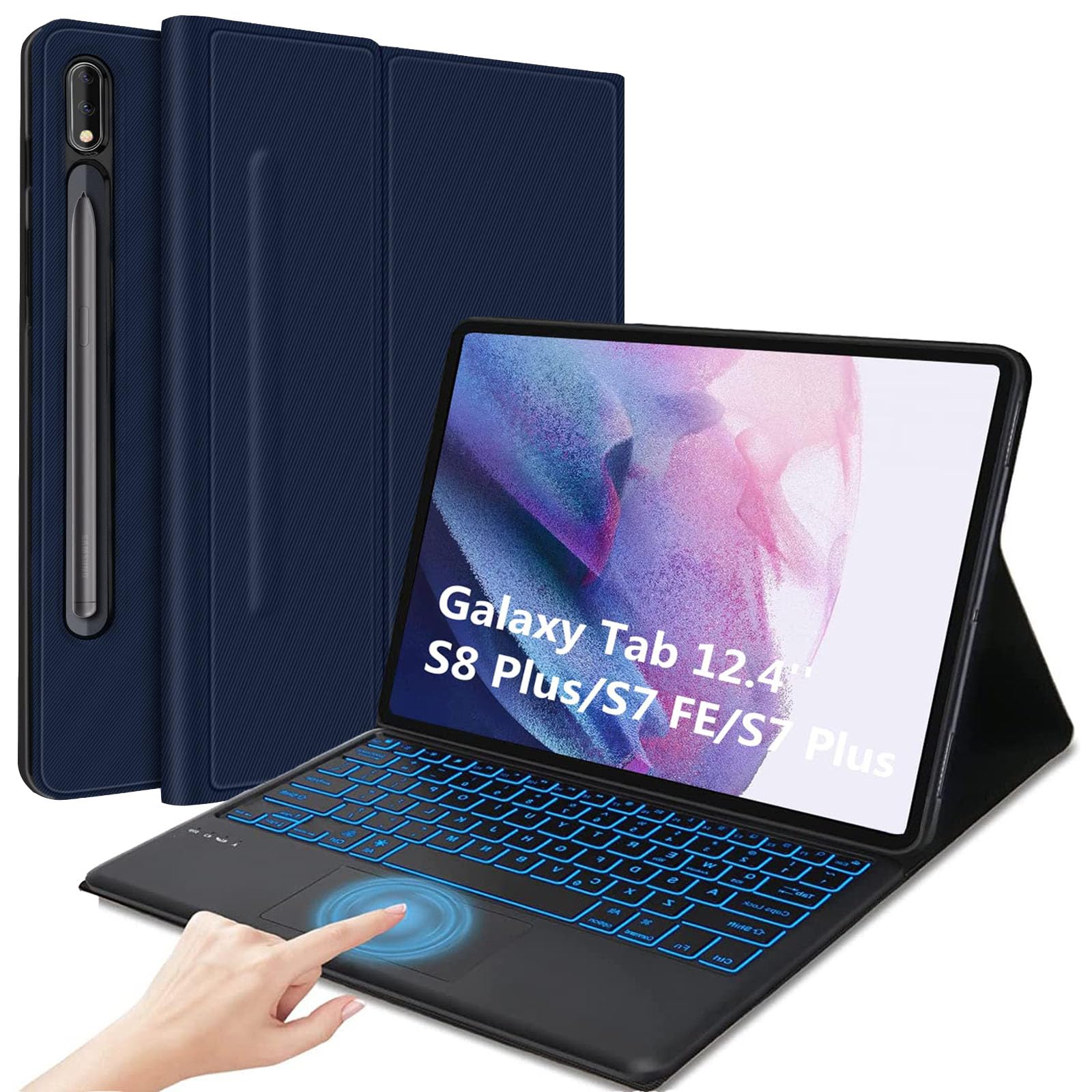Keyboard Case for Galaxy Tab S8 Plus 12.4"- Smart Trackpad - 7 Colors Backlight- Magnetic Detachable Keyboard with S Pen Holder- Protective Stand Cover for Tab S7 FE 2021 & S8 Plus 2022 - Drak Blue