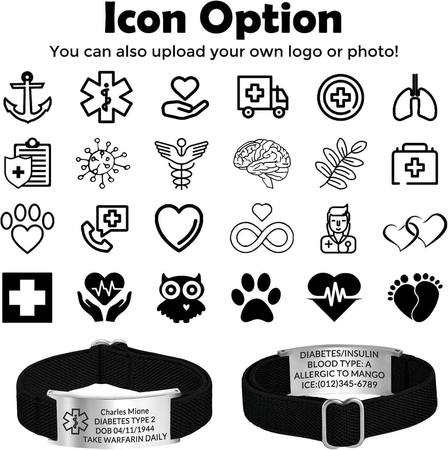 Personalized Medical Bracelet Custom Stainless Steel Medic ID Bracelets with Elastic Adjustable Strap for Women Men Emergency Medical Alert Bracelet Engraved Medic Info Logo Photo Gifts for Mom Dad - Image 4