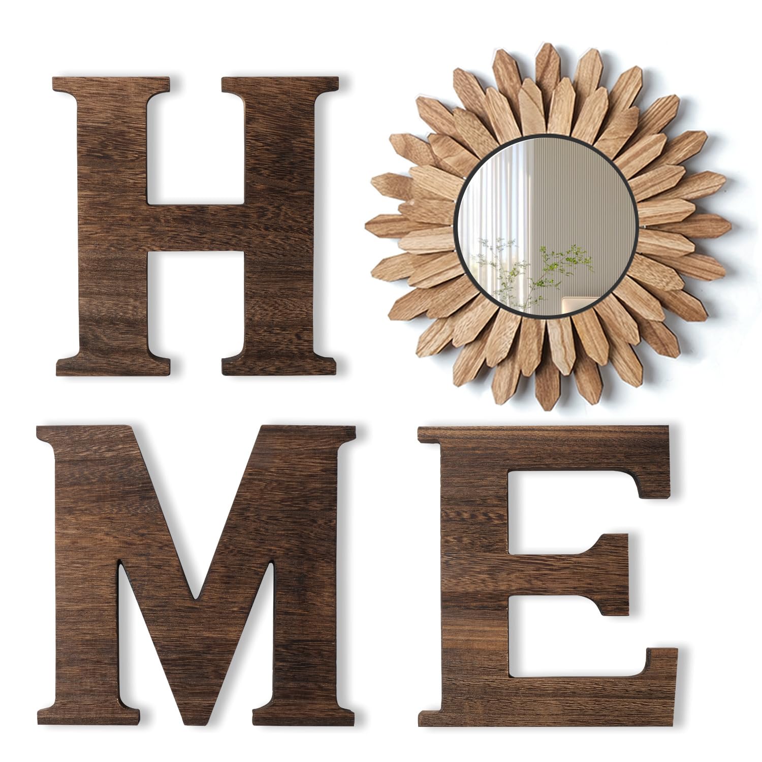 CHIF HAUTH Wood Home Sign with Sunflower Shaped Wood Mirror for O, Thick Letters for Wall Art, Rustic Decor, Farmhouse Home Wall Decor for Living Room, Entryway