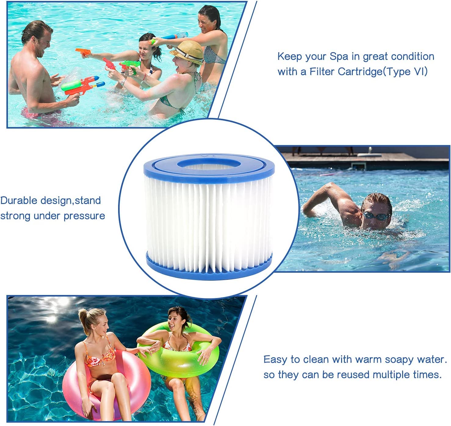 Filtro Vi para Bestway, Cartucho de Filtro de Repuesto para Piscina Tipo Vi, para Lay-Z-SPA, Miami, Paris, Vegas, Mónaco, Palm Spring, 6 Filtros