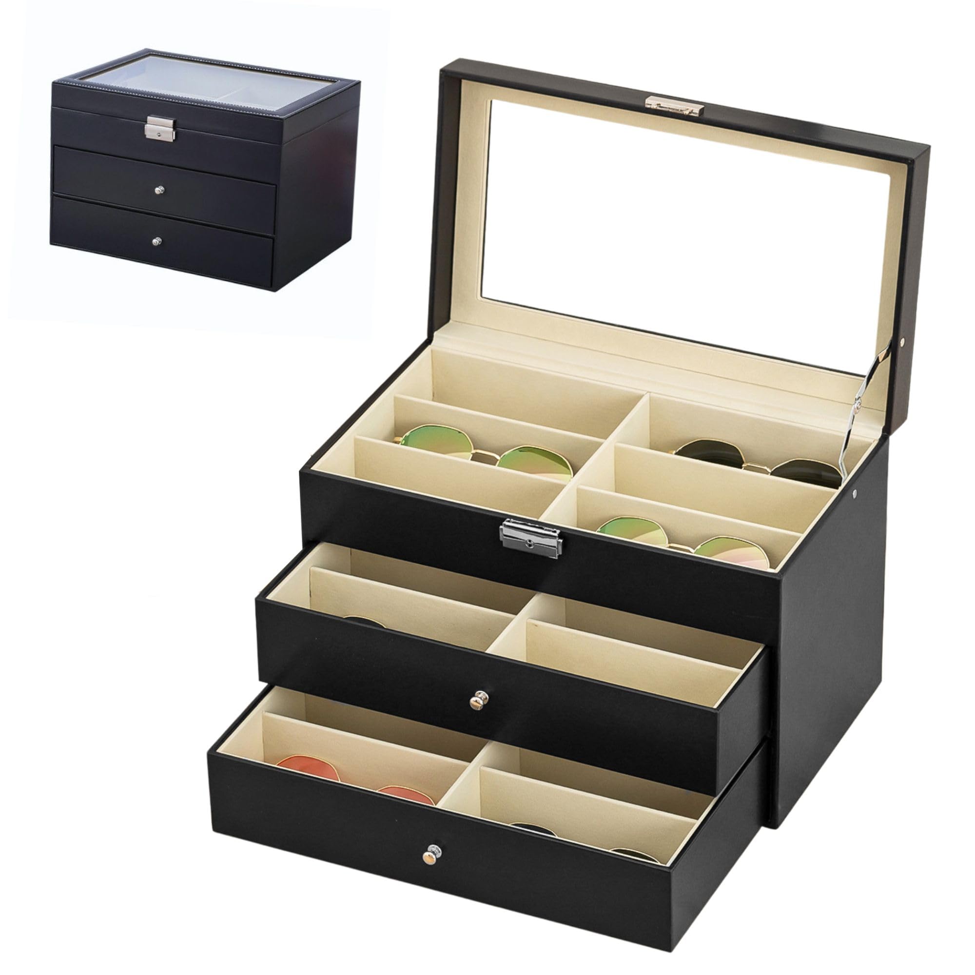 MAGIC SELECT Scatola per Occhiali. Espositore di Occhiali a 8-12-18 Scomparti con Coperchio in Vetro Trasparente, Chiusura con Chiave, Cassetto e Morbida Fodera Interna.