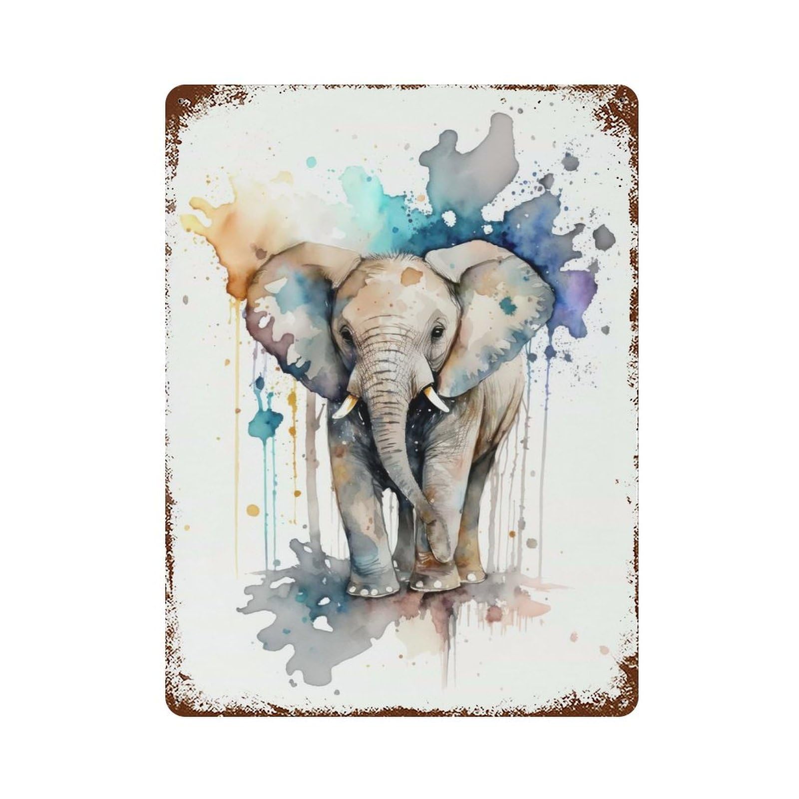 Baby Elephant Watercolor Vintage Rust Metal Sign 15.7"x11.8", Ideal for Basement, Hobby Room And Garage Decor