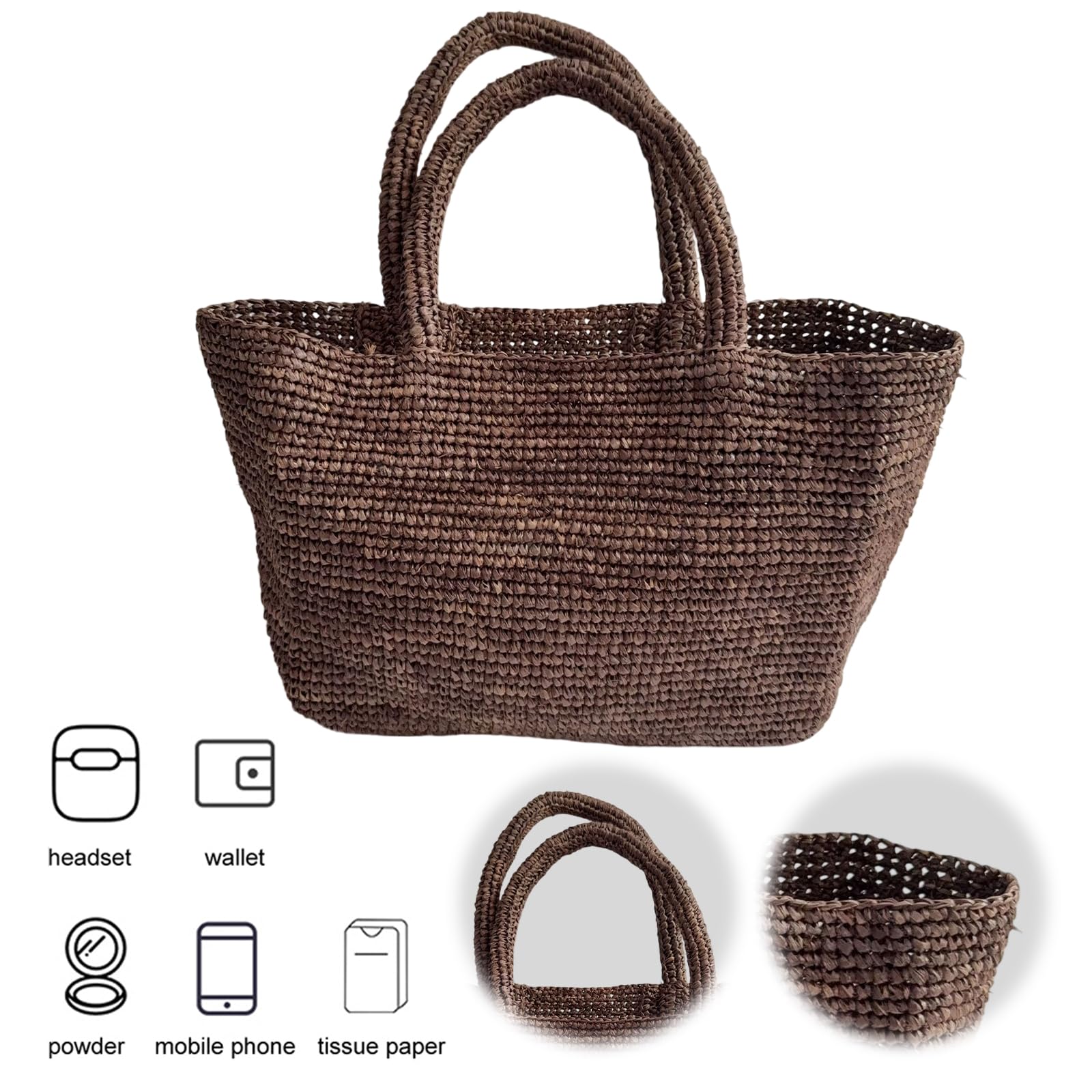 Borsa da spiaggia intrecciata da donna in rafia fatta a mano | Borsa tote in rafia all'uncinetto, versatile per lavoro, viaggi e market, con comoda presa e tatto artigianale