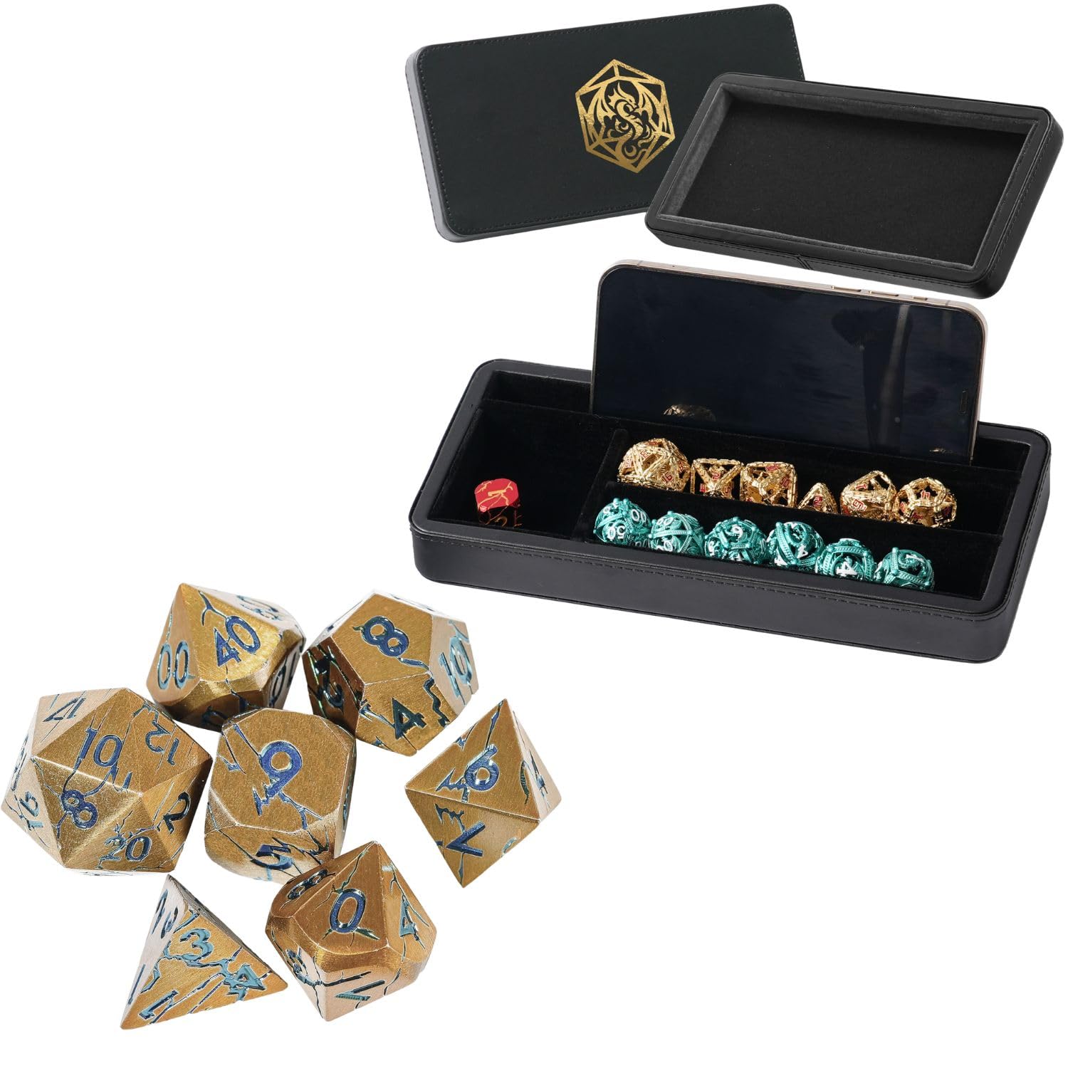 Soar Forge Gold Dice Organizer and Gold with Blue Cracks Metal Dice