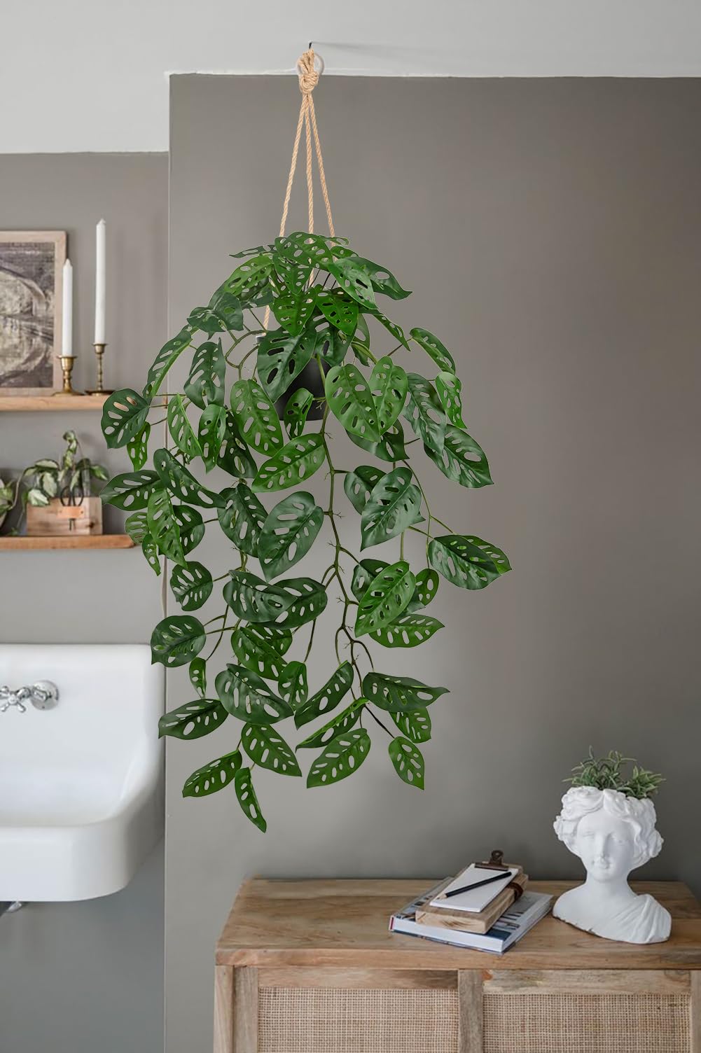 Plantas artificiales en maceta, plantas artificiales colgantes como reales en maceta, plantas artificiales de monstera, hojas de 20 cm, plantas decorativas para mesa, decoración de baño,
