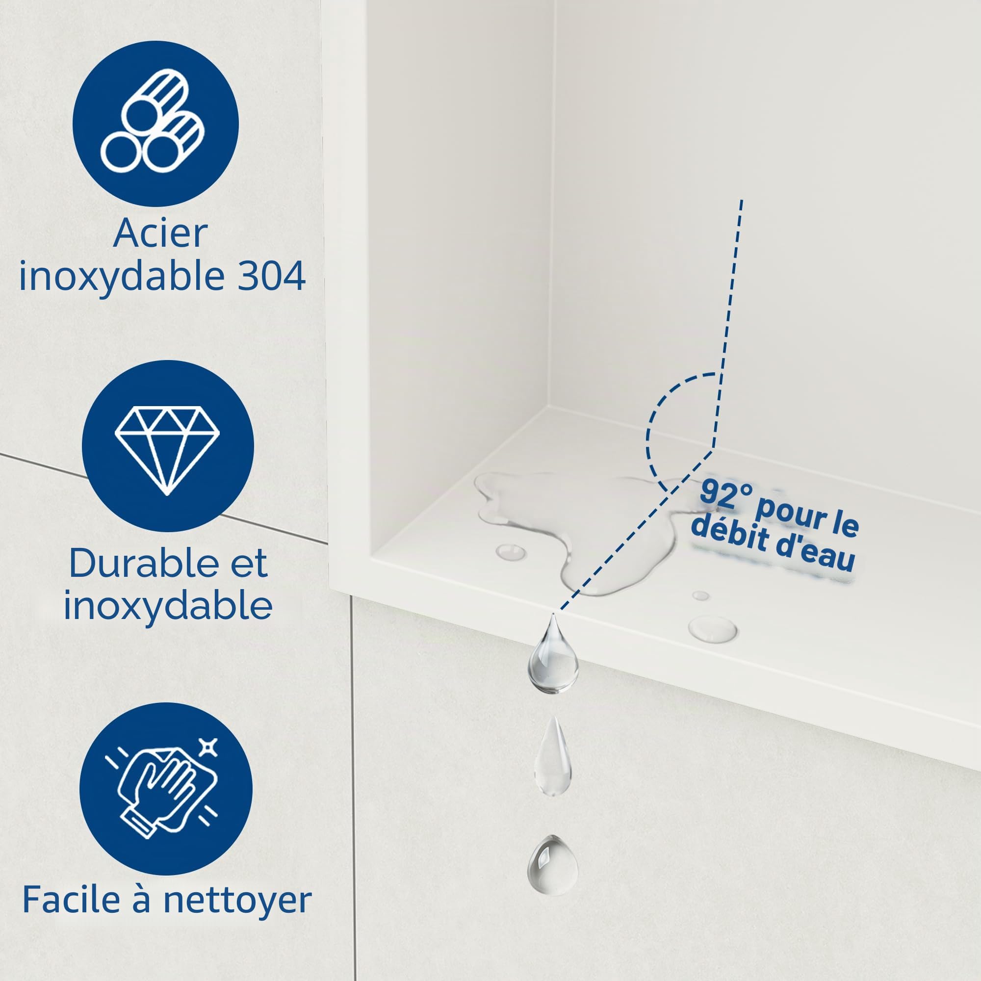 Qeke Niche de douche inox 304 avec cadre, 2 niveaux, 20cm, Blanc | étagère encastrée, antirouille, étanche, facile à nettoyer, drainage efficace, plusieurs tailles, rangement salle de bain