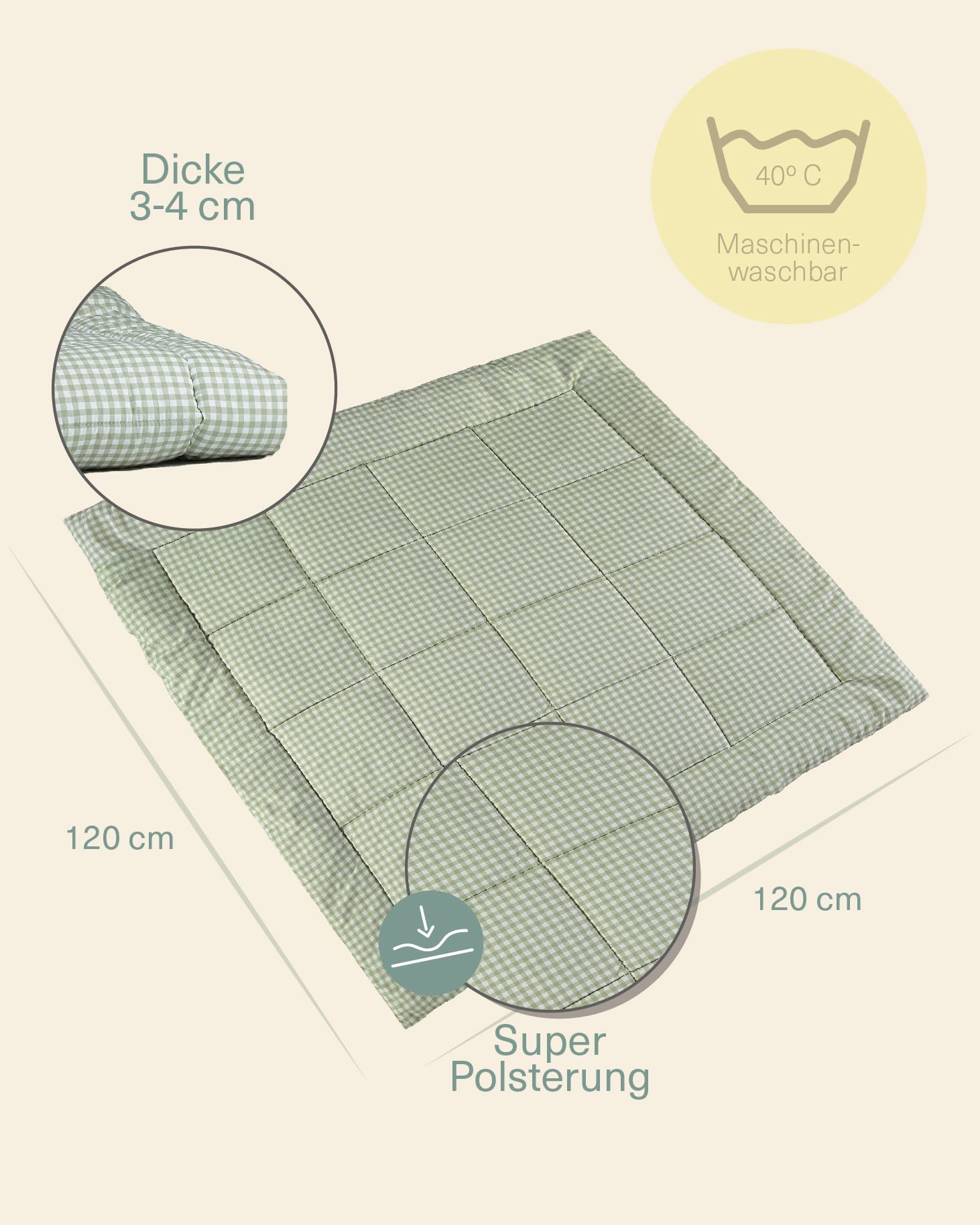 molis&co - Tappeto Gioco Bambini e Neonati 120x120x5cm - Tappeto Morbido Bambini - Tappeto Gioco Neonato Pieghevole, Reversibile e Lavabile - 100% Cotone (OEKO-TEX 100) - Mint Tea - 2