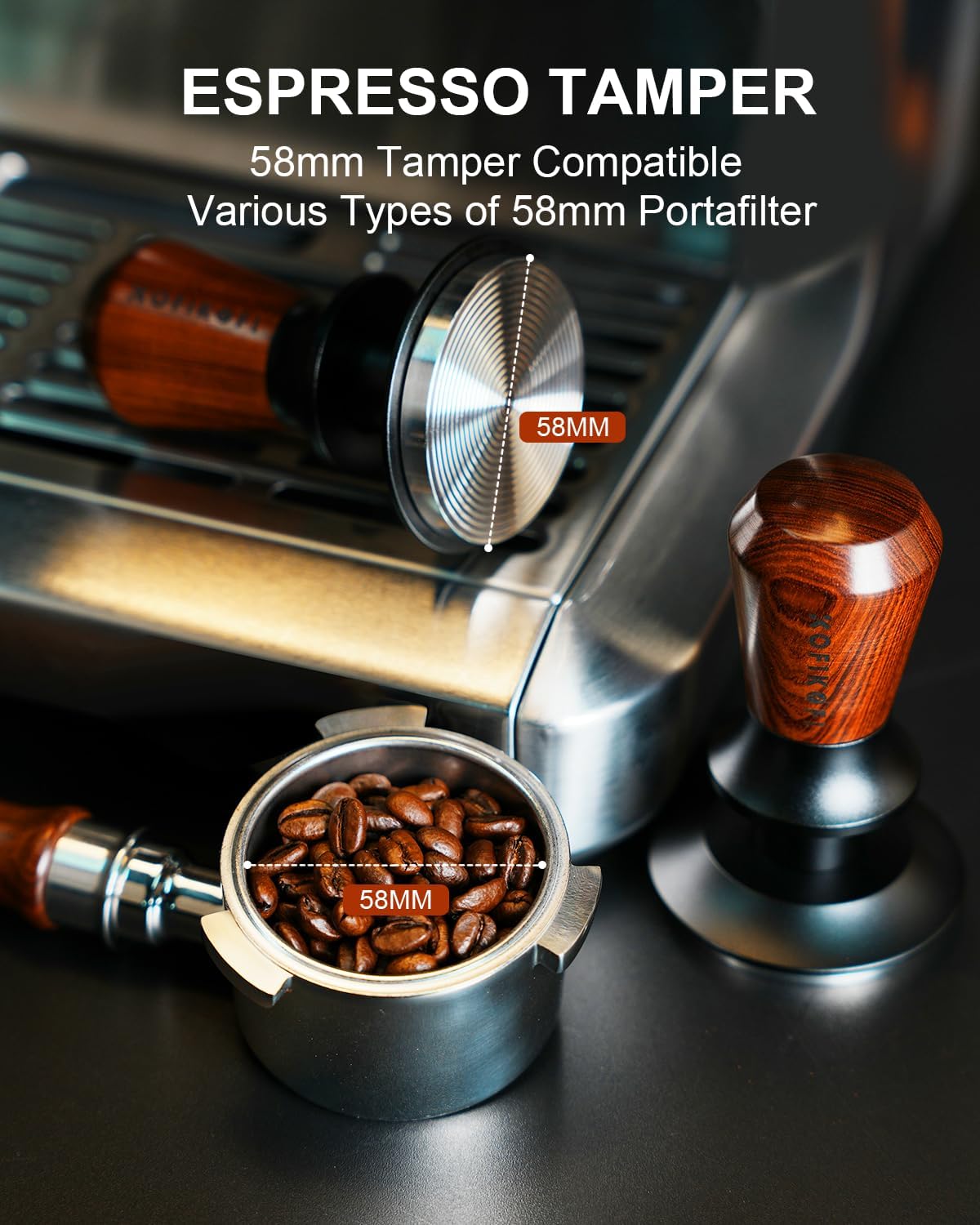 58mm Espresso Tamper, Coffee Tamper with 30lbs Spring Loaded, Espresso Coffee Tamper with Stainless Steel Ripple Base and Rosewood Handle Fits for E61,Breville and All 58mm Espresso Machines