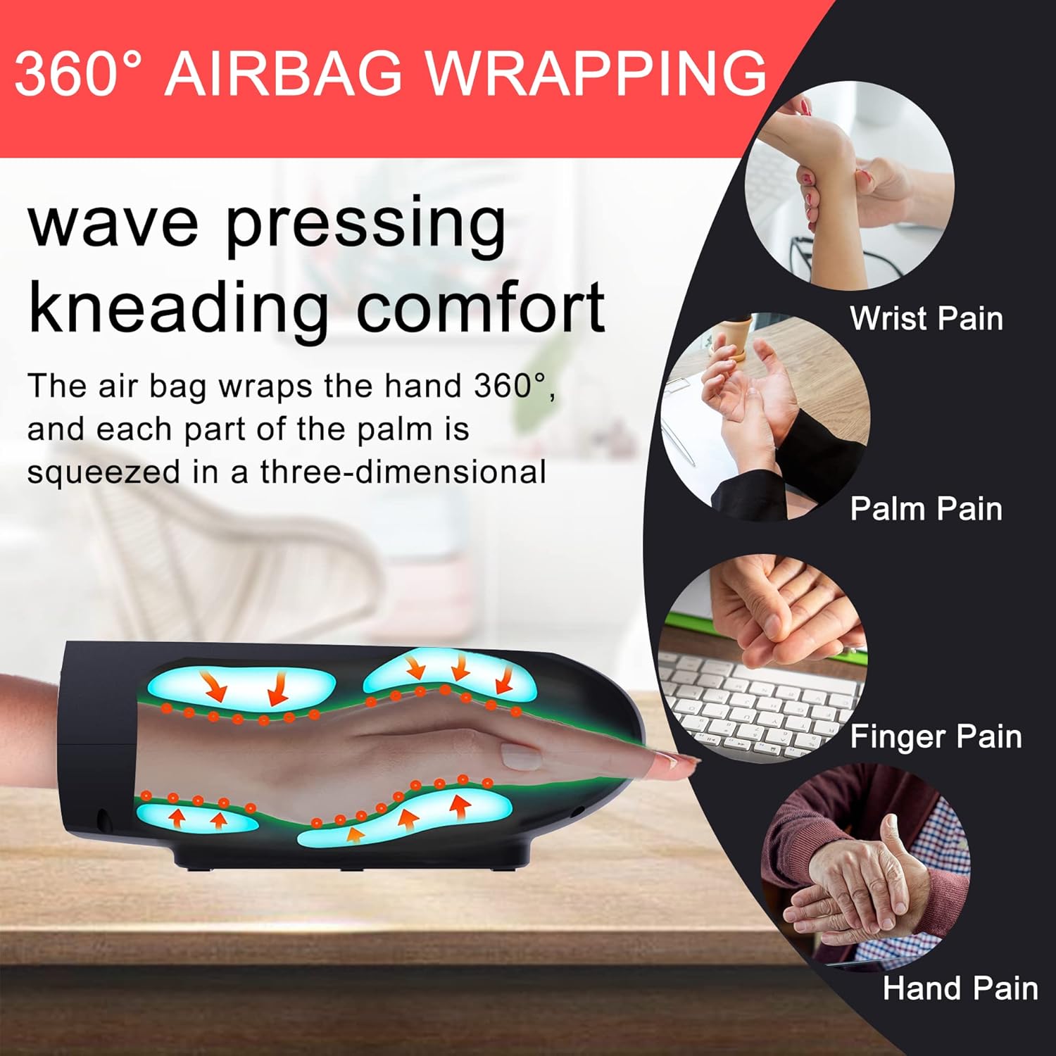 Diagram of 360 degree airbag wrapping in Wutsar Hand Massager