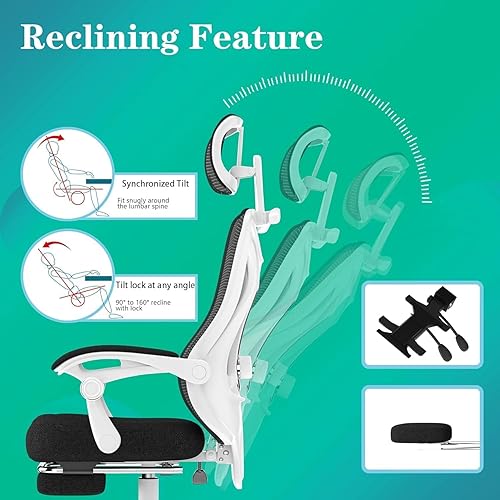 Miniatura 9 de Silla de oficina ergonómica con reposapiés, soporte lumbar ajustable y reposacabezas, silla de computadora reclinable de malla de 90-160, oficina en