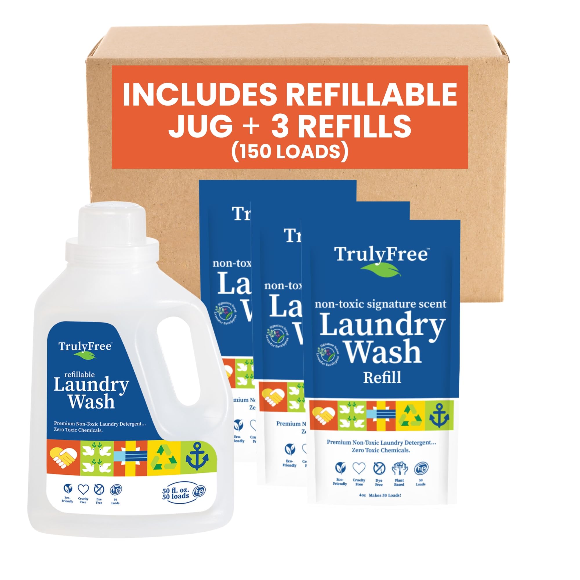 Natural Laundry Detergent for Sensitive Skin | Eco Friendly, Plant Based, Baby Clothes Safe | Clean & Easy Powder to Liquid, 3 Pack Detergent + 1 Refillable Jug | Signature Scent 150 Loads[Amazon-developed Certification] Compact by Design