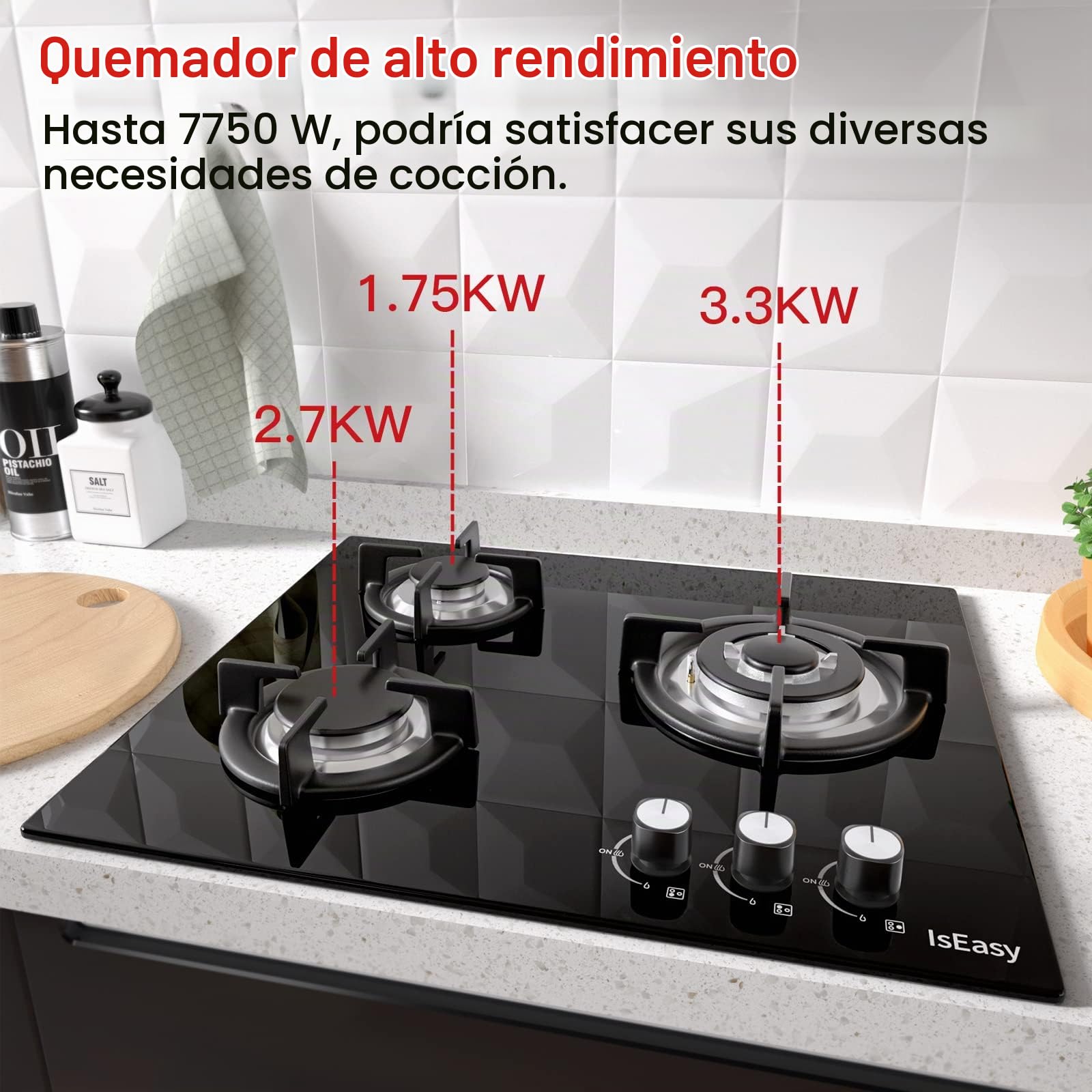 IsEasy Placa de Gas 3 Fuegos Negro, Encimera de Gas Butano/Natural/Propano,7750W, 60 cm