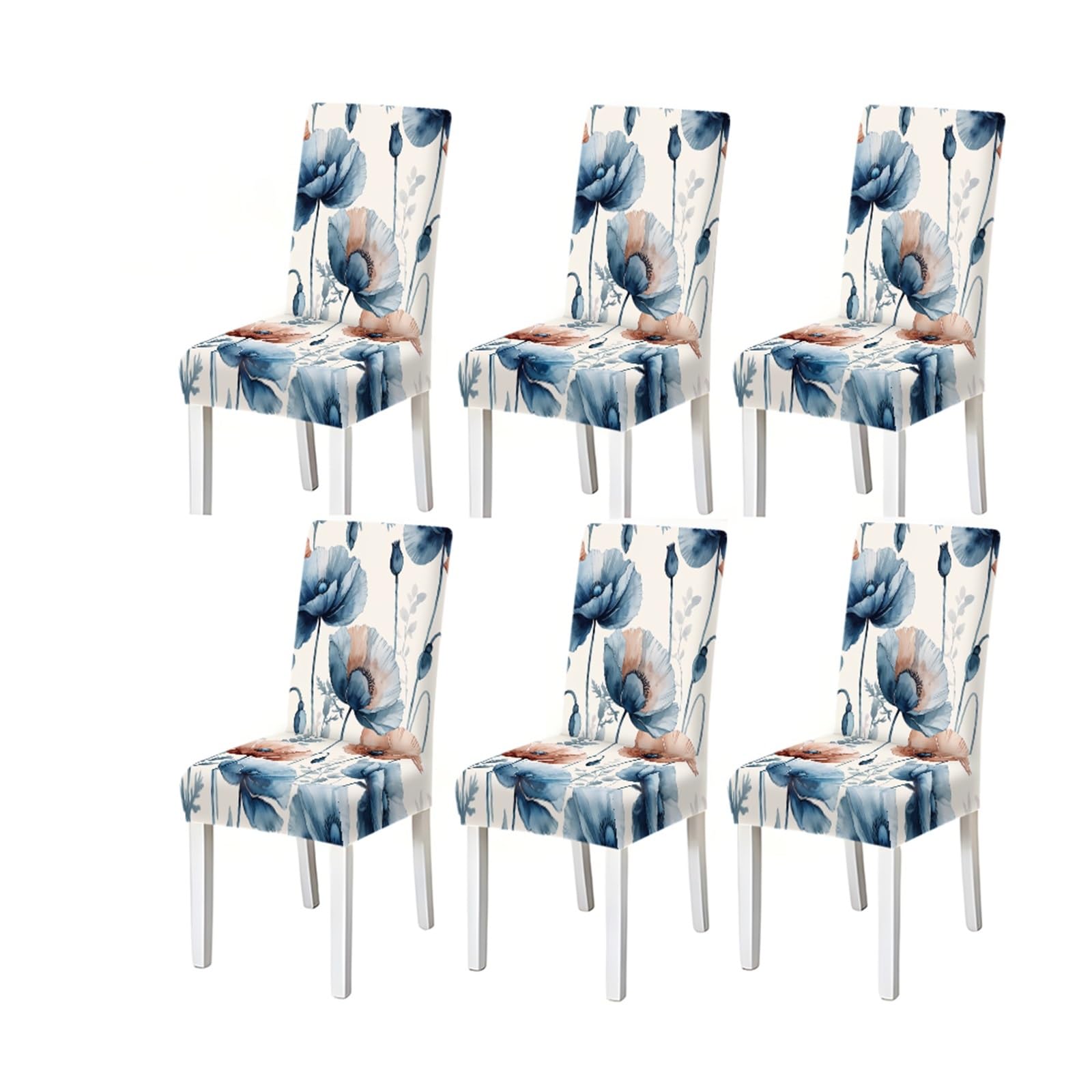 BOSUYBN Watercolor Blue Poppy Floral Pattern Print Dining Chair Covers Set Of 2/4/6, Stretch Slipcovers For Kitchen Dining Room Furniture Protectors for Home Dining Room(6PCSChair cover)
