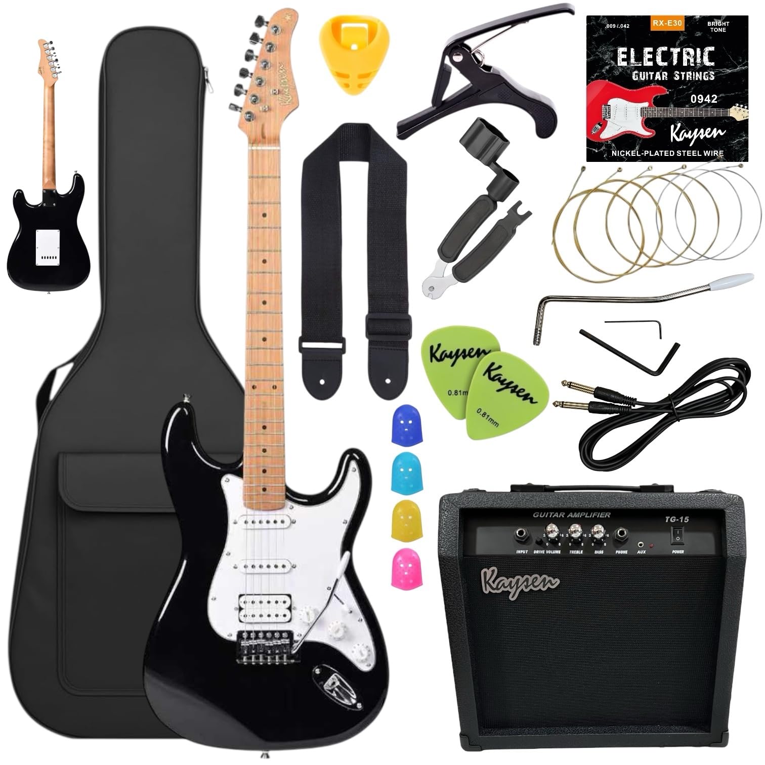 Electric Guitar Set with 15W Amplifier - 40 inch Electric Guitar - Bag, Strap, Capo, Cable, Picks, Strings & Accessories – Professional & Beginner Friendly (Electric Guitar Set Black 40inch, 40) Electric Guitar Set With Amp Black 40inch 40