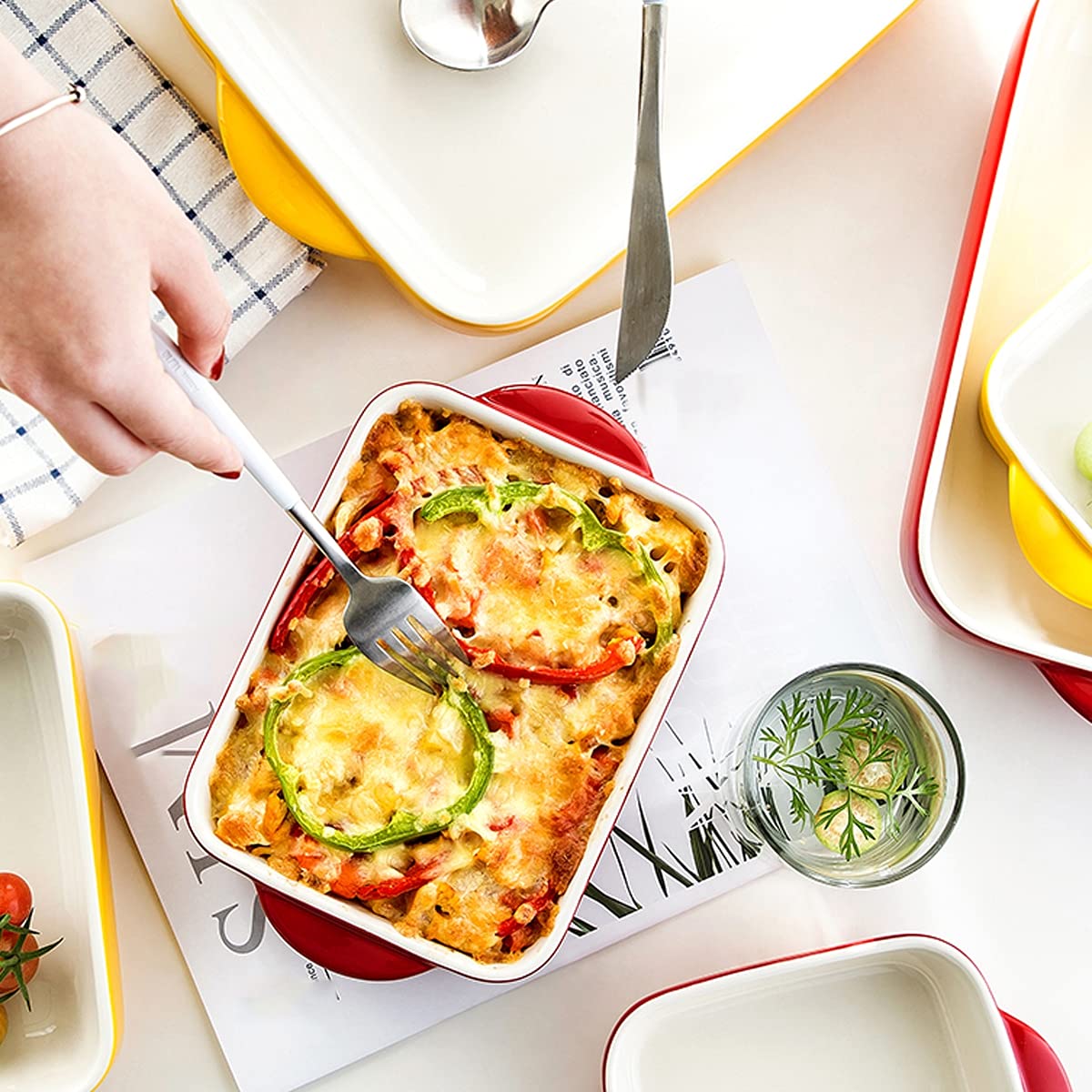 Naczynia do pieczenia w piekarniku, prostokątne ceramiczne naczynie, idealne, naczynia lasagne, małe zapiekania, zestaw 2 szt(Red,7inch)