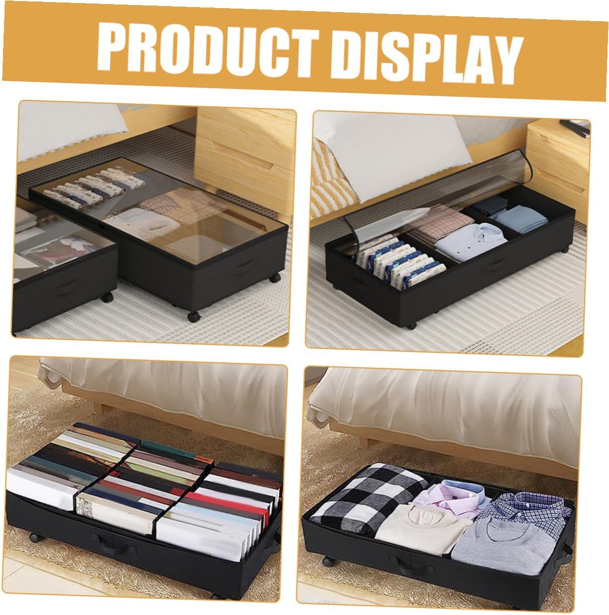 Luxshiny Bed Storage Organizer with Wheels, Oxford Cloth Zippered Clothes Bag, 3-compartment Large Capacity Dustproof Storage Bin for Bedding, and Clothes, Black