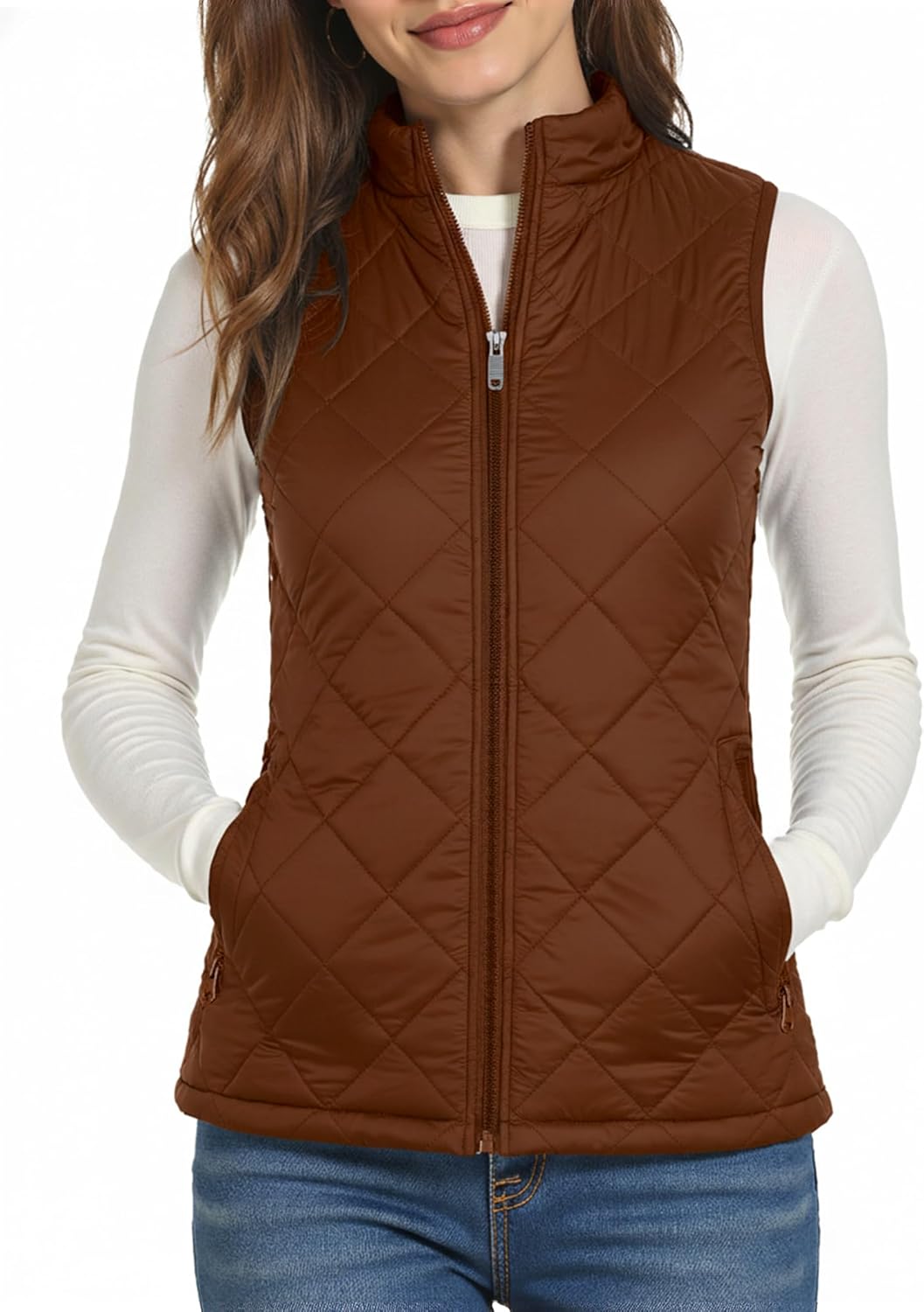 Buauty Women's Sleeveless Puffer Vest Lightweight - Diamond Quilted Full-Zip Warm Outerwear with Pockets for Daily Wear