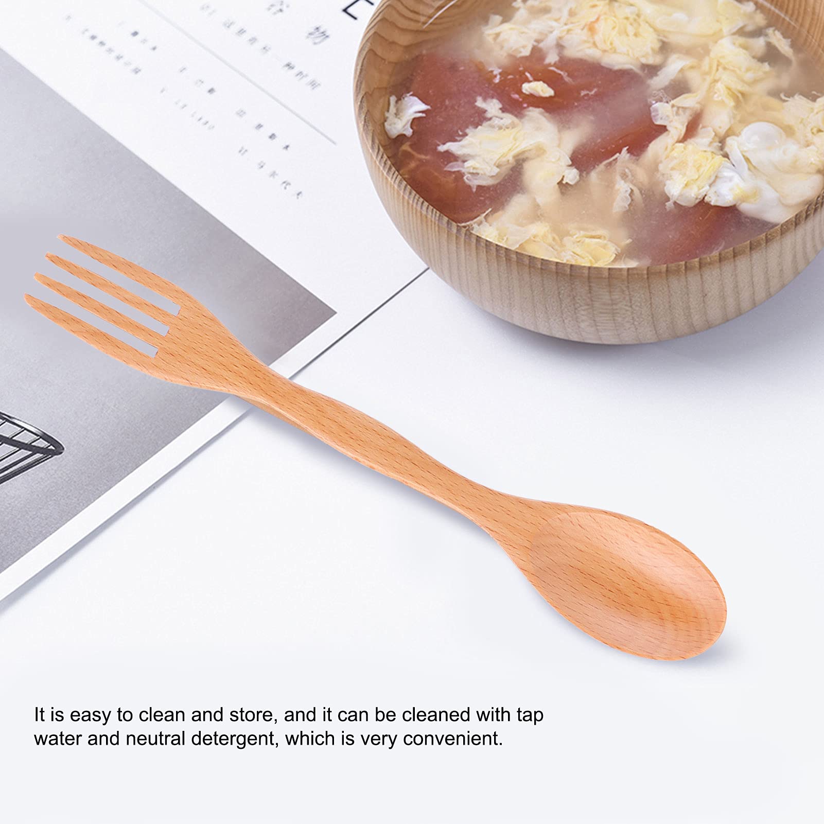 Gavigain Beech Wood Integrated Spoon Fork, Kitchen Tableware Wooden Flatware for Home and Restaurant