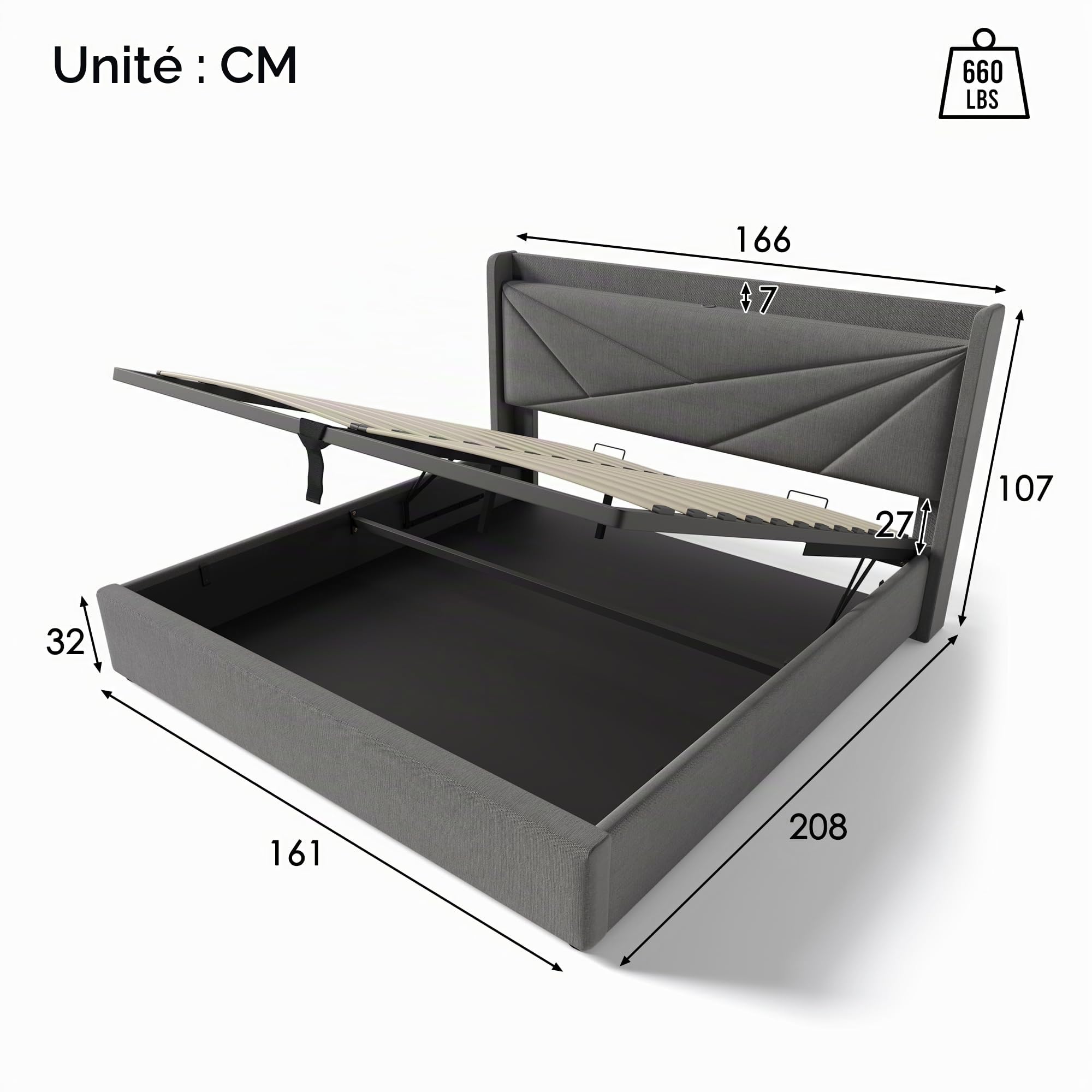 Coffre 160x200 avec Rangement et Port USB Type C - Lit Capitonné Double 160x200 cm Sommier à Lattes, Gris (sans Matelas)