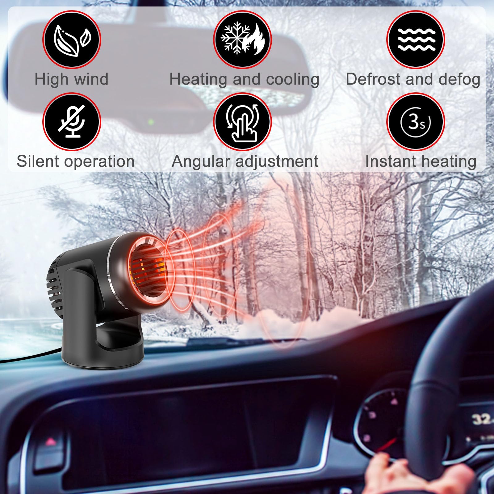 Funmo 120W Auto Lüfter Heizung, 12V Heizlüfter,2 in 1 Tragbar Auto Heizung, Demister mit Gleitschutzmatte, Defroster Tragbare für Auto, Schnelle Erwärmung