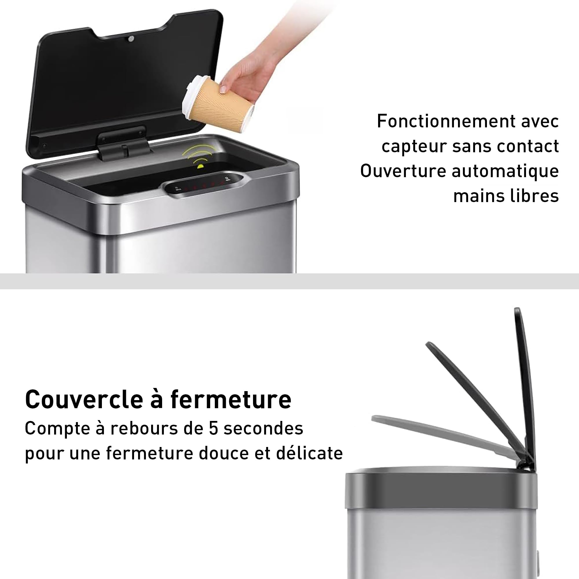 EKO Poubelle Cuisine Automatique 50L Mirage-T | Bac Rectangulaire avec Capteur Mains Libres | Acier Inox Brossé Anti-Traces | Cuisine Moderne