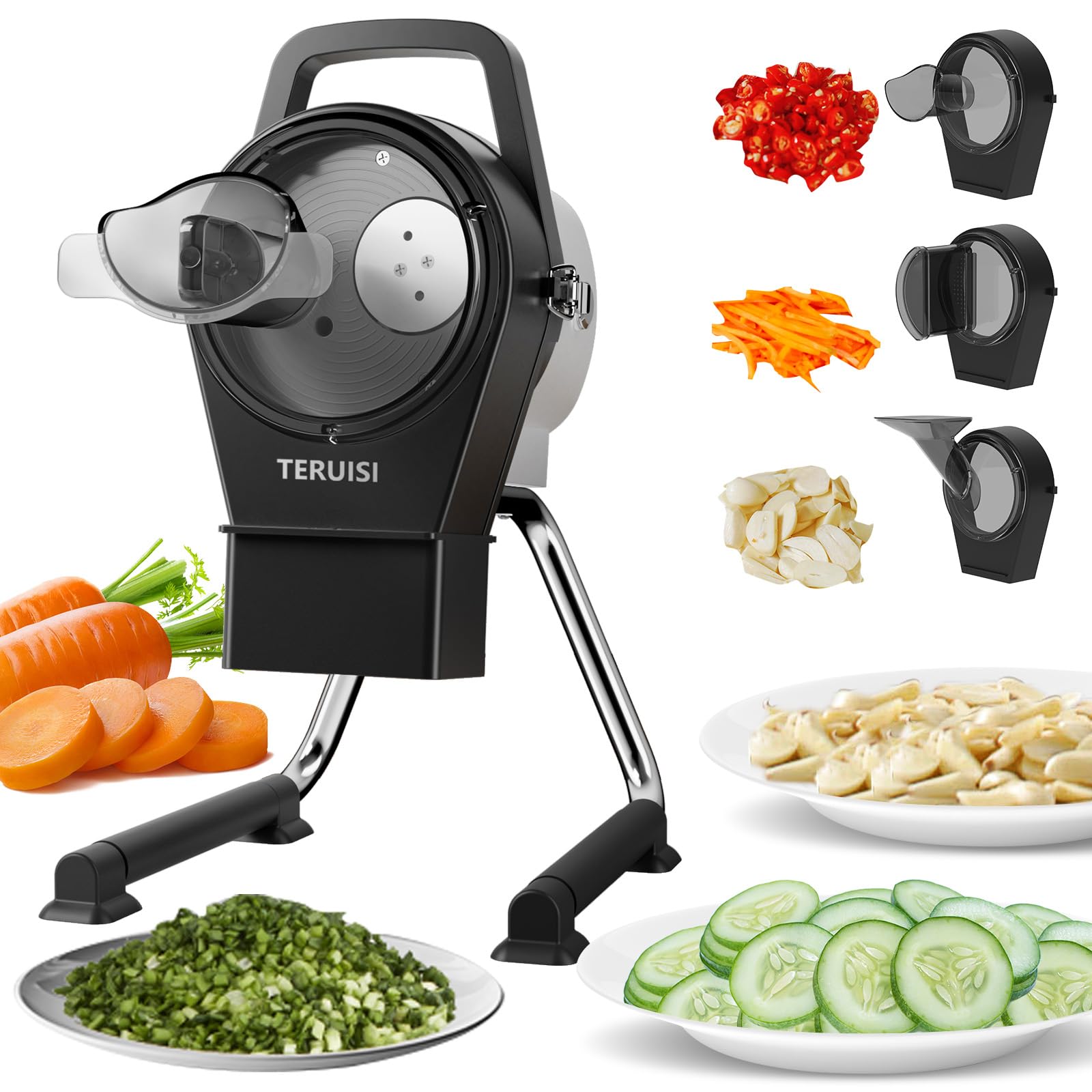 Hachoir à Légumes Électrique, 200 W Coupe-Légumes Professionnel, Robot Culinaire Coupe-Ciboule avec 3 Entrées d'Alimentation, Épaisseur Réglable 1–5 mm, 6000 tr/min